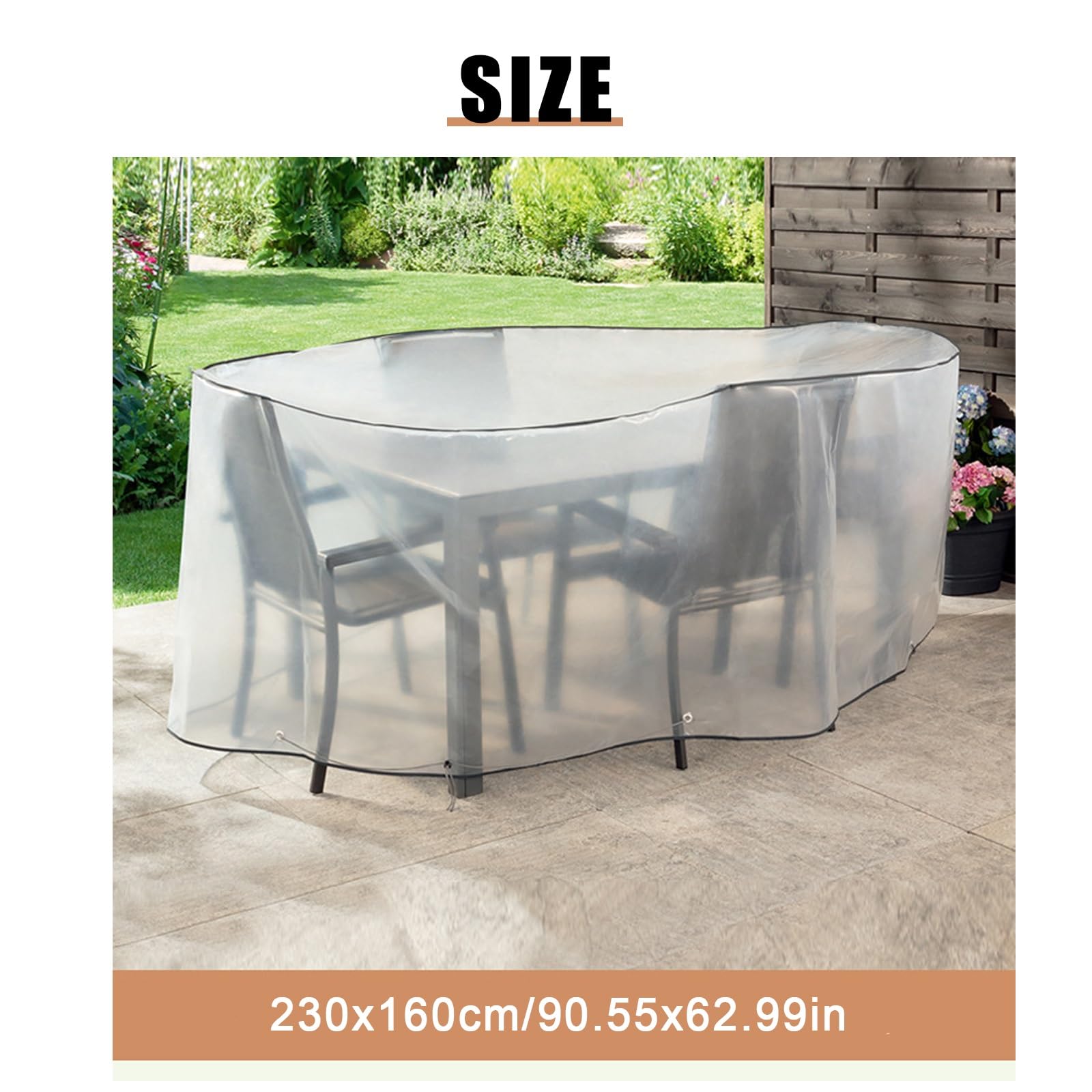 Générique Ovalehousse Salon De Jardin Exterieur Transparente en PE, Housse Table De Jardin avec Cordons Coupe Vent, Housses pour Mobilier De Jardin RéSistant à La Pluie Au Soleil (230x160cm)