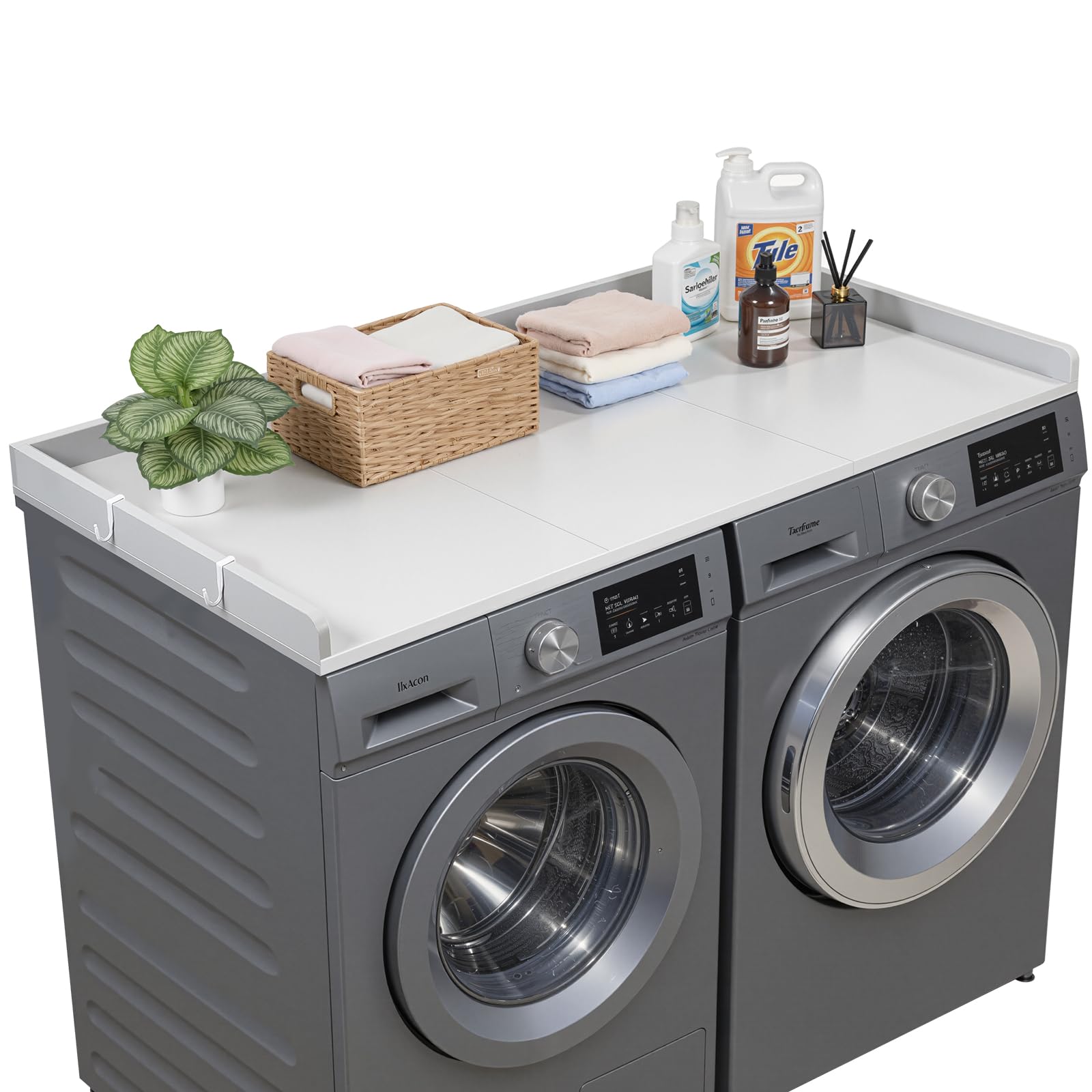 VEVOR Encimera para Lavadora y Secadora 137 x 69,9 cm, Cubierta Superior de Madera Soporta hasta 113 kg con Borde Elevado, Almohadillas, Ganchos Laterales para Lavadero Baño Cocina Balcón, Color Gris