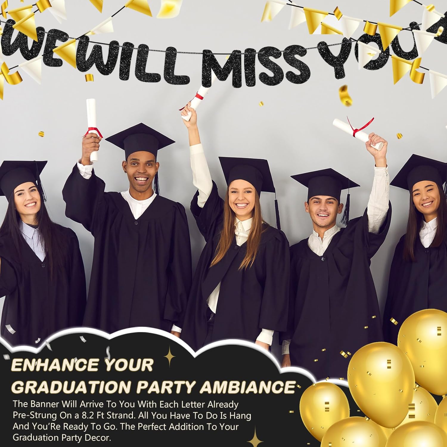 Fulmoon Pre Strung We Will Miss You Banner Glitter Bunting Graduation Retirement Party Decorations 8.2 ft Goodbye Decorations for Going Away Farewell Army Party Supplie(Black)