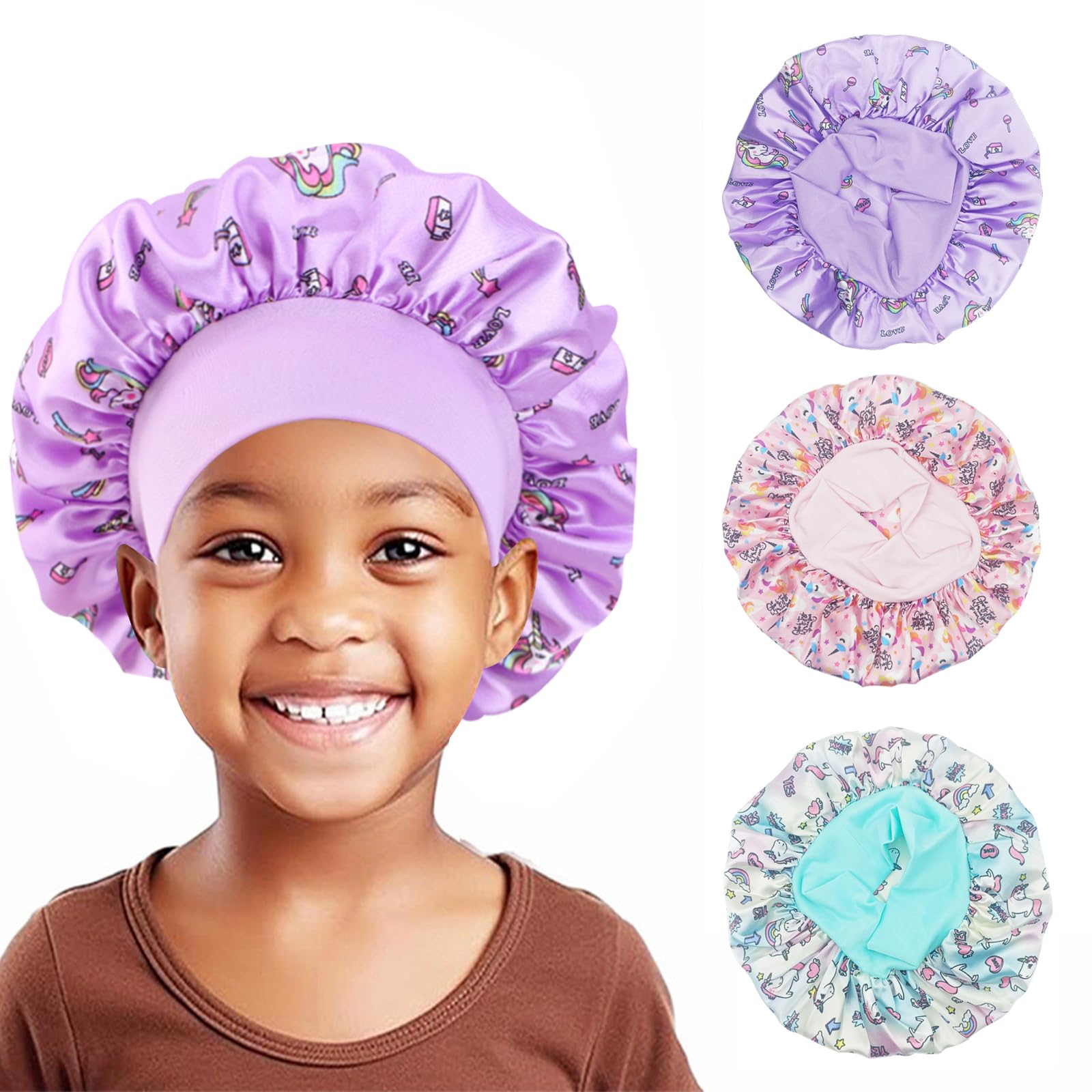 KASESSS 3 Pcs Kids Silk Bonnet for Sleeping Cartoon Satin Nightcap, Unicorn Silk Hair Bonnet for Girls Toddler Gift