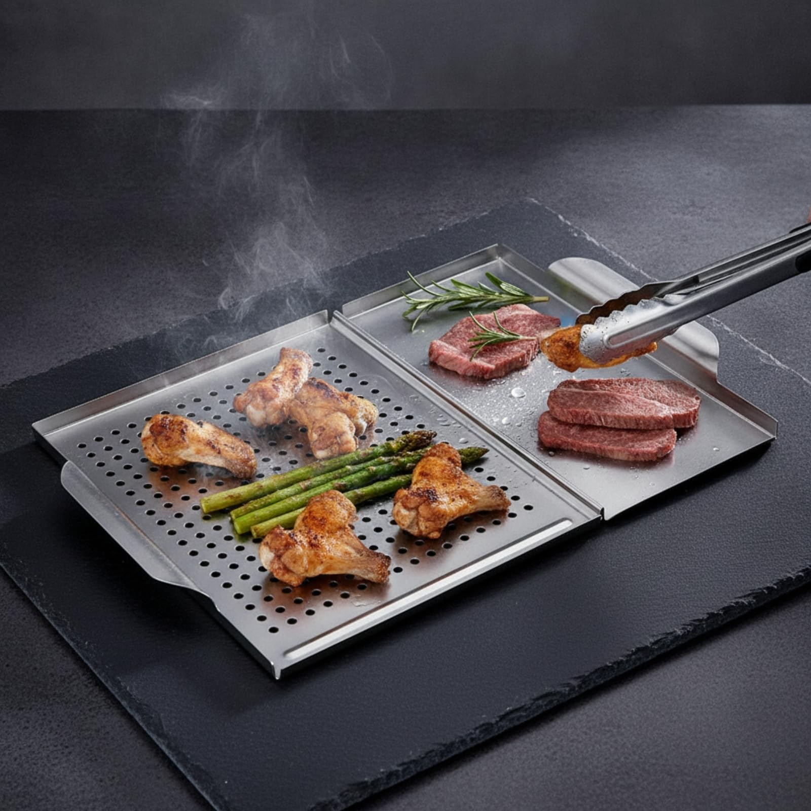 LOVIVER Parrilla Barbacoa Alambre Portátil Acabado Metálico Plateado, Banja para Parrilla con Sección Perforada, Barbacoas Al Libre, Acampada, Sartén Parrilla 1238G