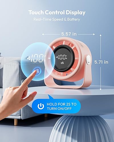 Miniatura 2 de Gaiatop Ventilador de escritorio pequeño recargable, ventilador personal de 5 pulgadas, batería de 4000 mAh, pantalla LED de control táctil,