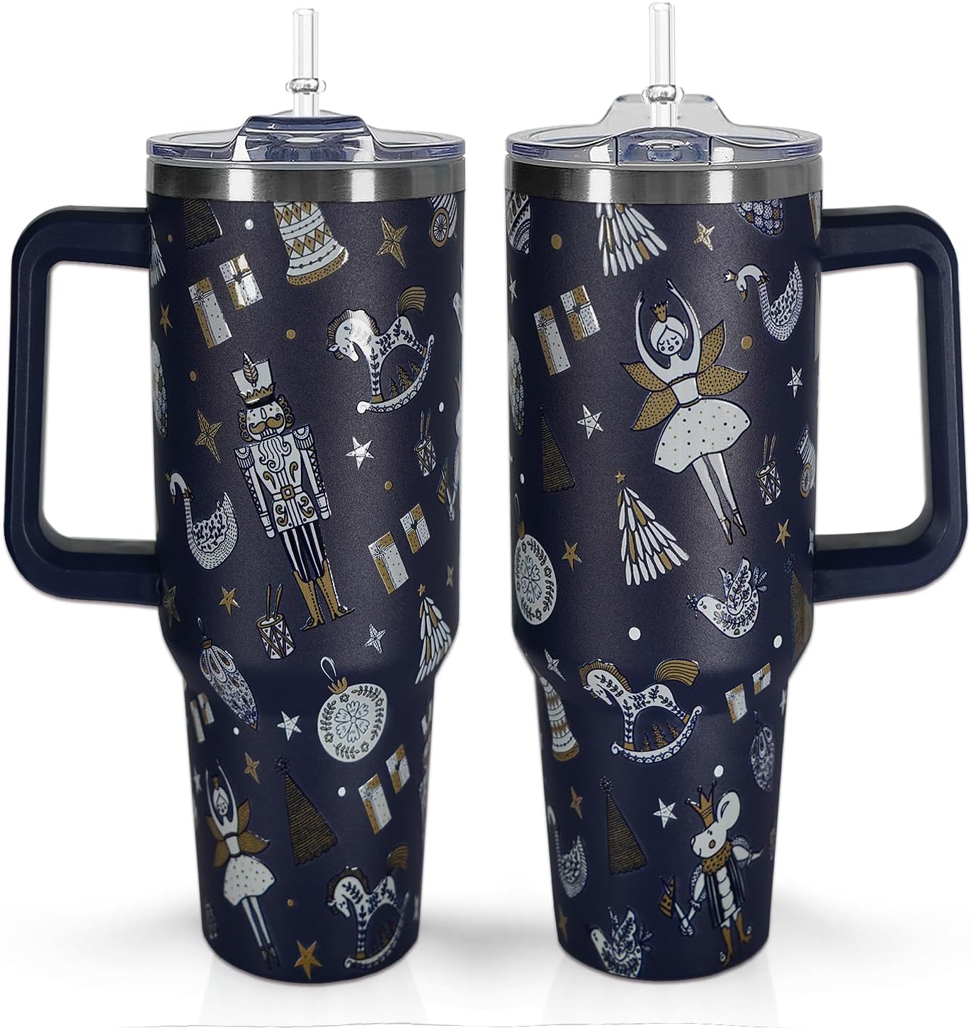 40 oz Christmas Tumbler With Handle Lid and Straw,5D Nutcracker Print Stainless Steel Insulated Travel Mug Xmas Coffee Cup Gifts for Men Women