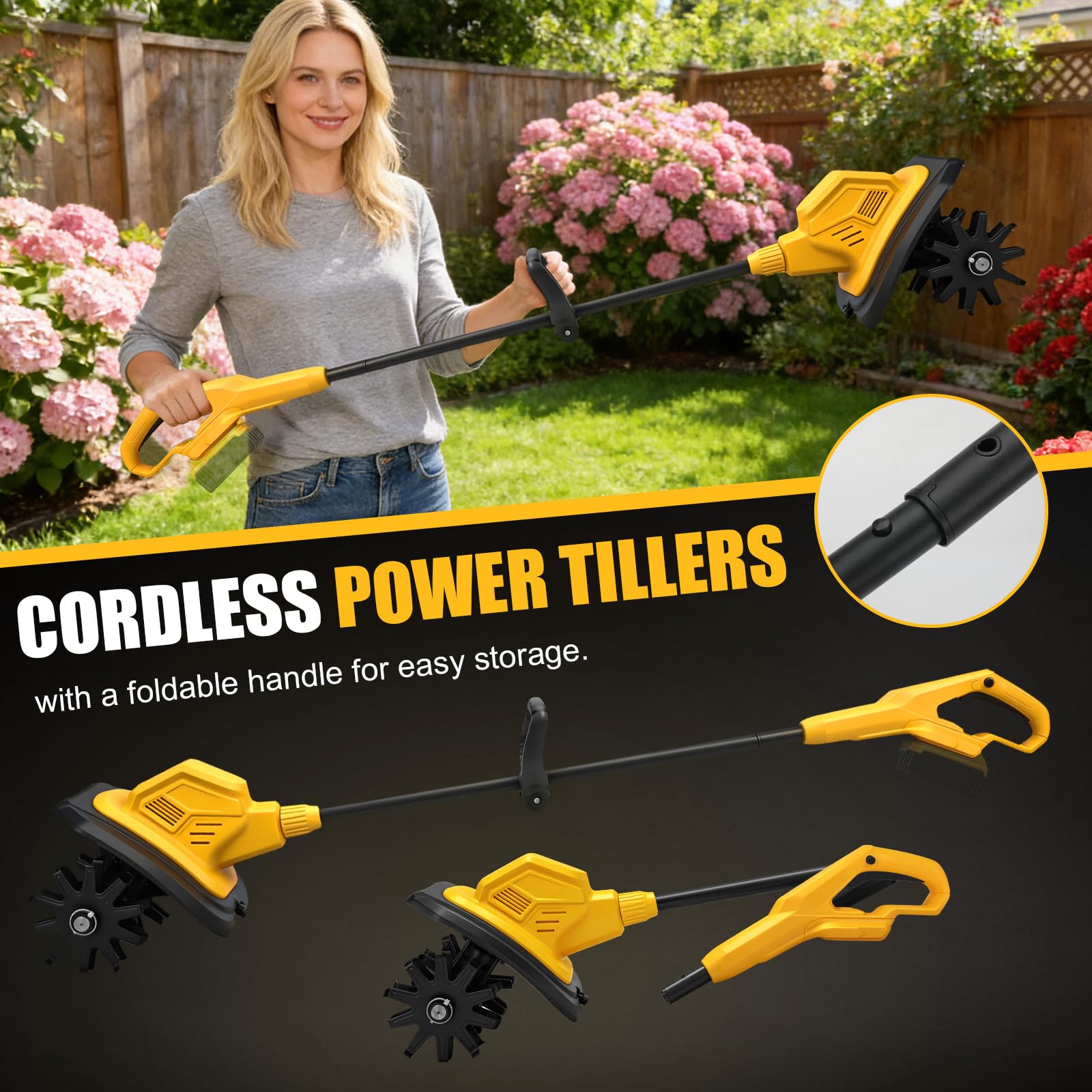 WingFly Motobineuse sans Fil pour Dewalt 20 V Batterie, 800 W motoculteur électrique, Moteur sans balais, Vitesse 387 TR/Min, Profondeur de Travail 18 cm et Largeur de Travail 20 cm (sans Batterie)
