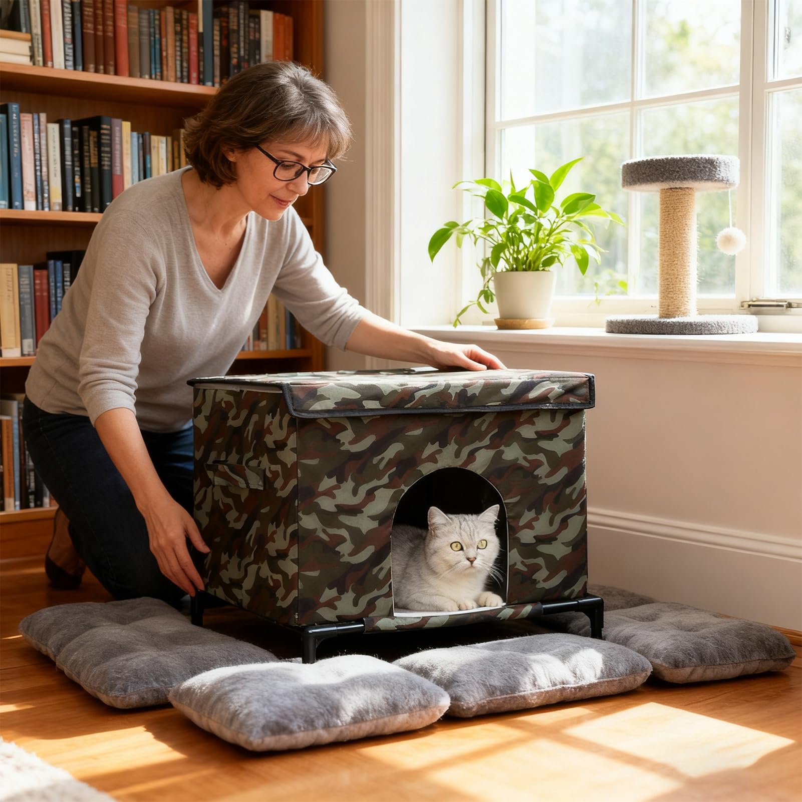 Case Per Gatti Da Esterno Tenda Isolata Impermeabile e Calda | Rifugio per Gatti con Base Sollevata e Finestra Trasparente per Cani e Galline all'Aperto per Patio e Balcone