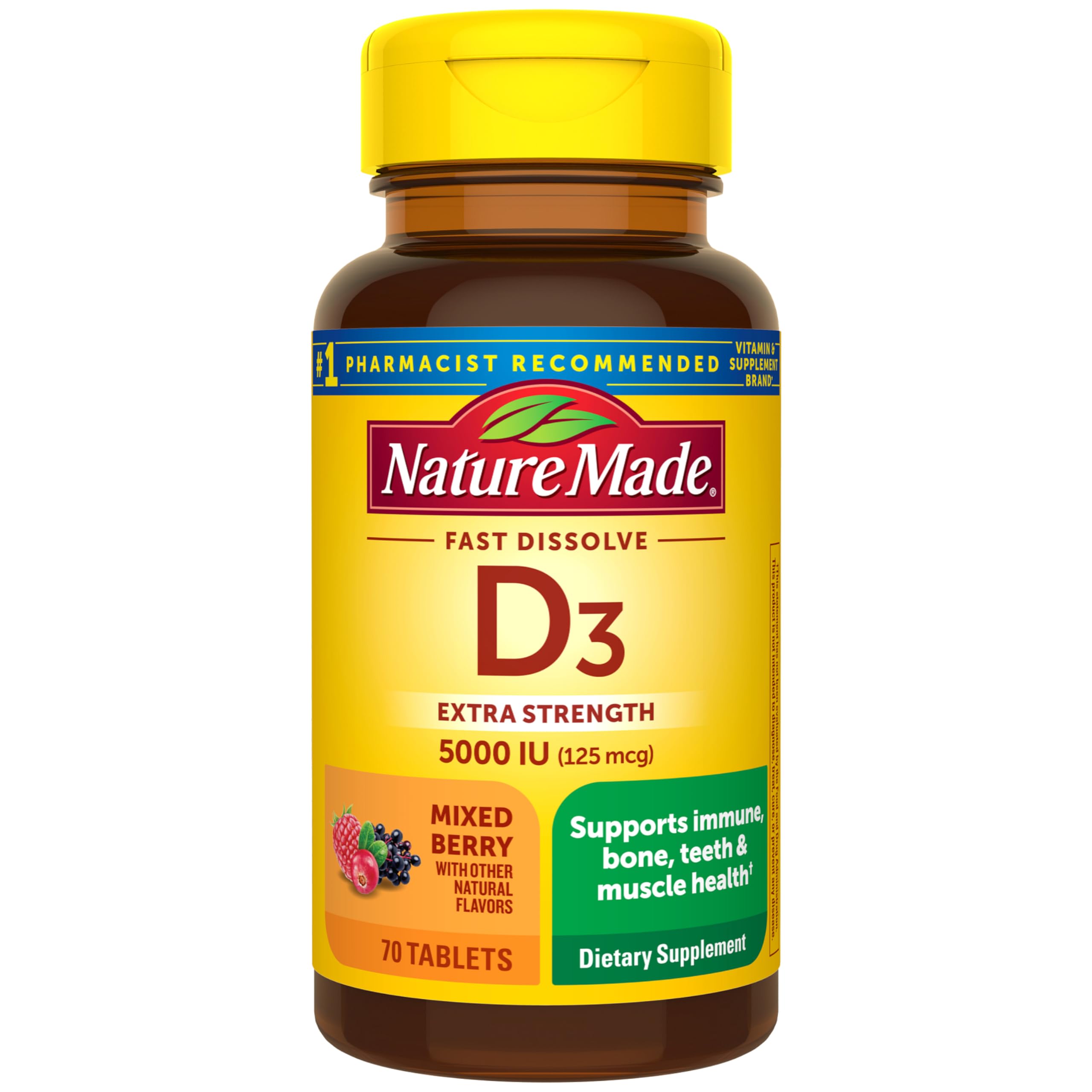 Vitamin D3 5000 IU (125 mcg) Extra Strength, Vitamin D Supplement for Immune Support, 70 Sugar Free Fast Dissolve Tablets, 70 Day Supply