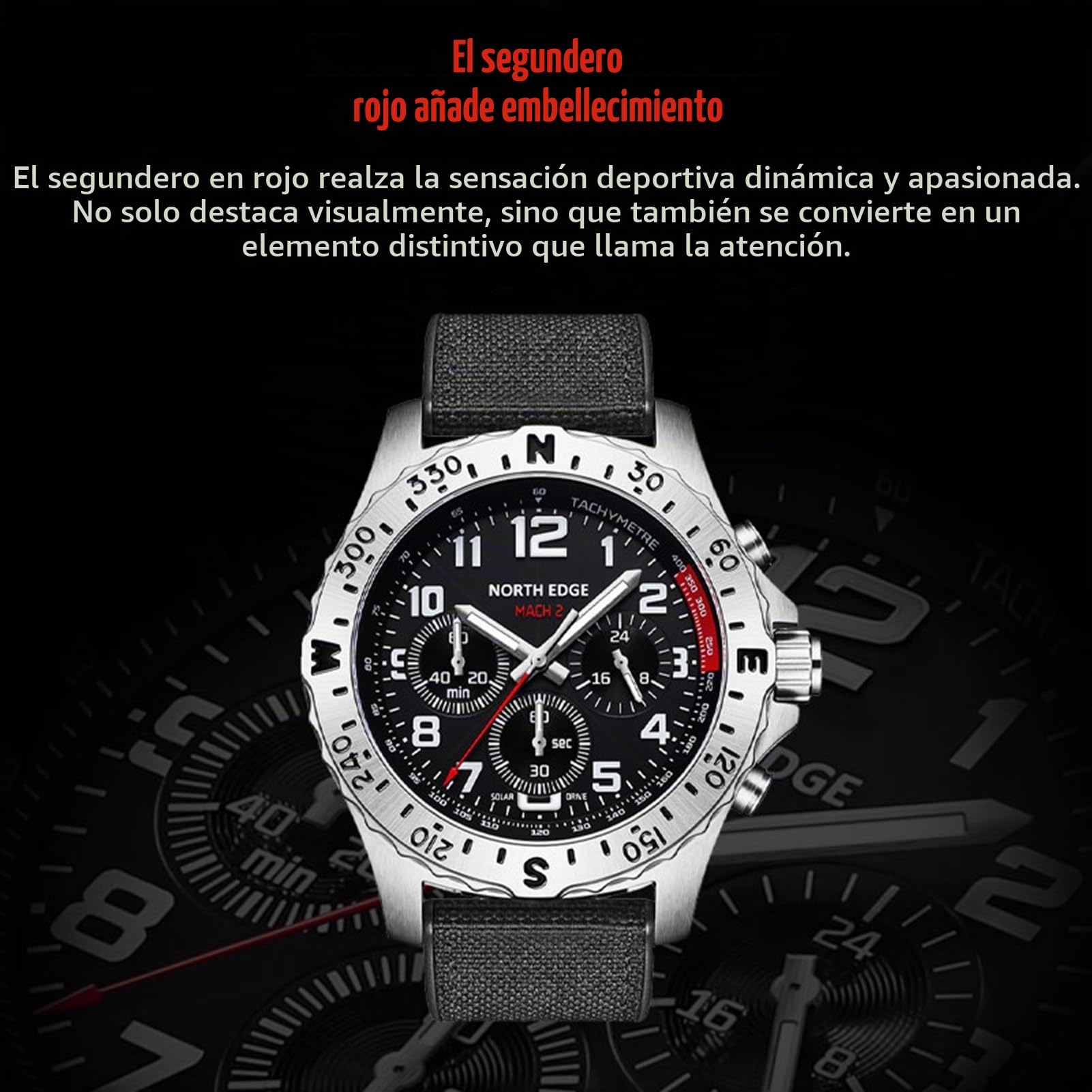 Lixada Reloj solar North Edge para hombre, acero inoxidable, cronógrafo electrónico, carga solar, 180 días, reserva de energía