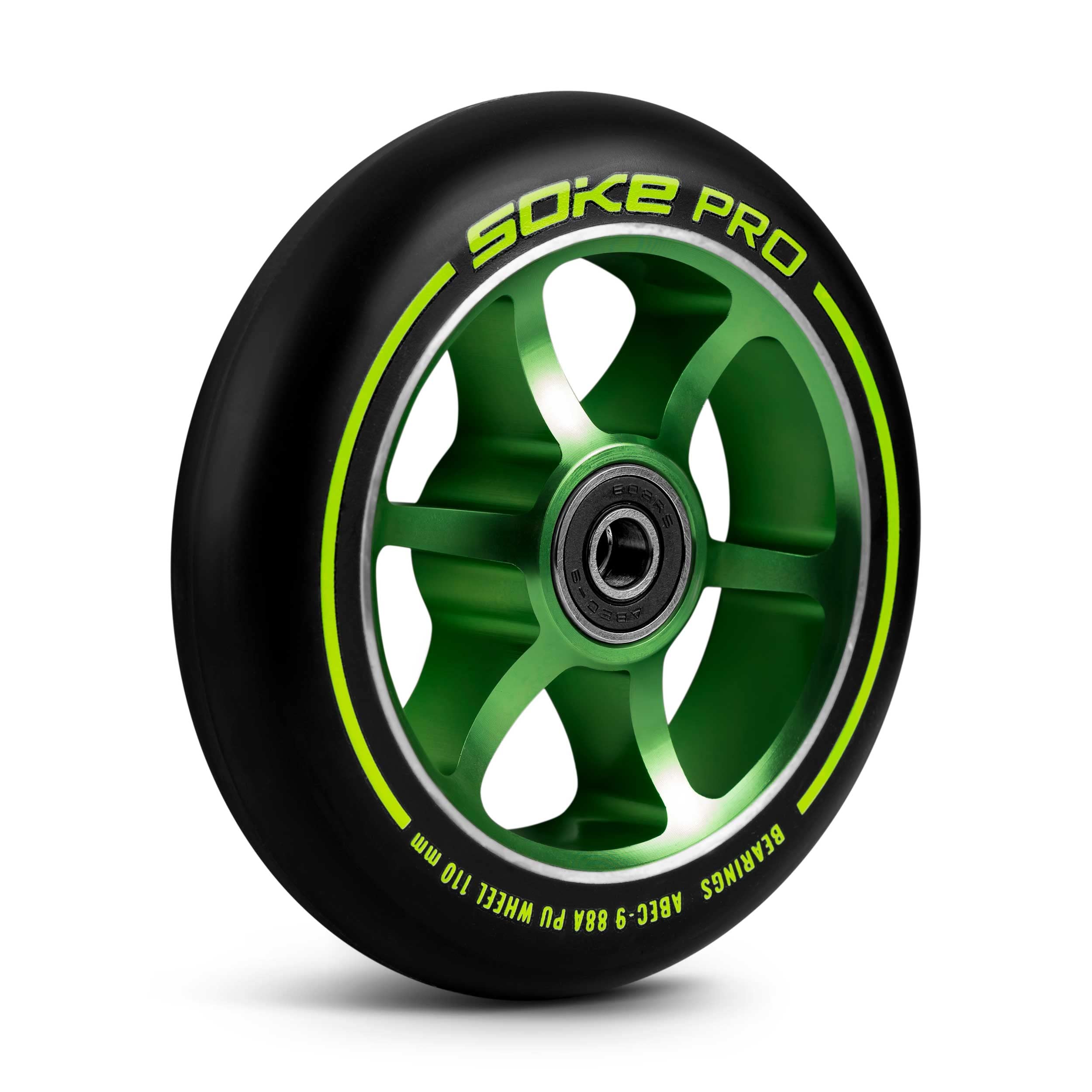Soke roulettes pour Scooters Set 2 Pièces Diamètre 110 mm Hub 8 mm Roulements ABEC 9 Dureté 88A Aluminium et PU pour Surface Dur Vert