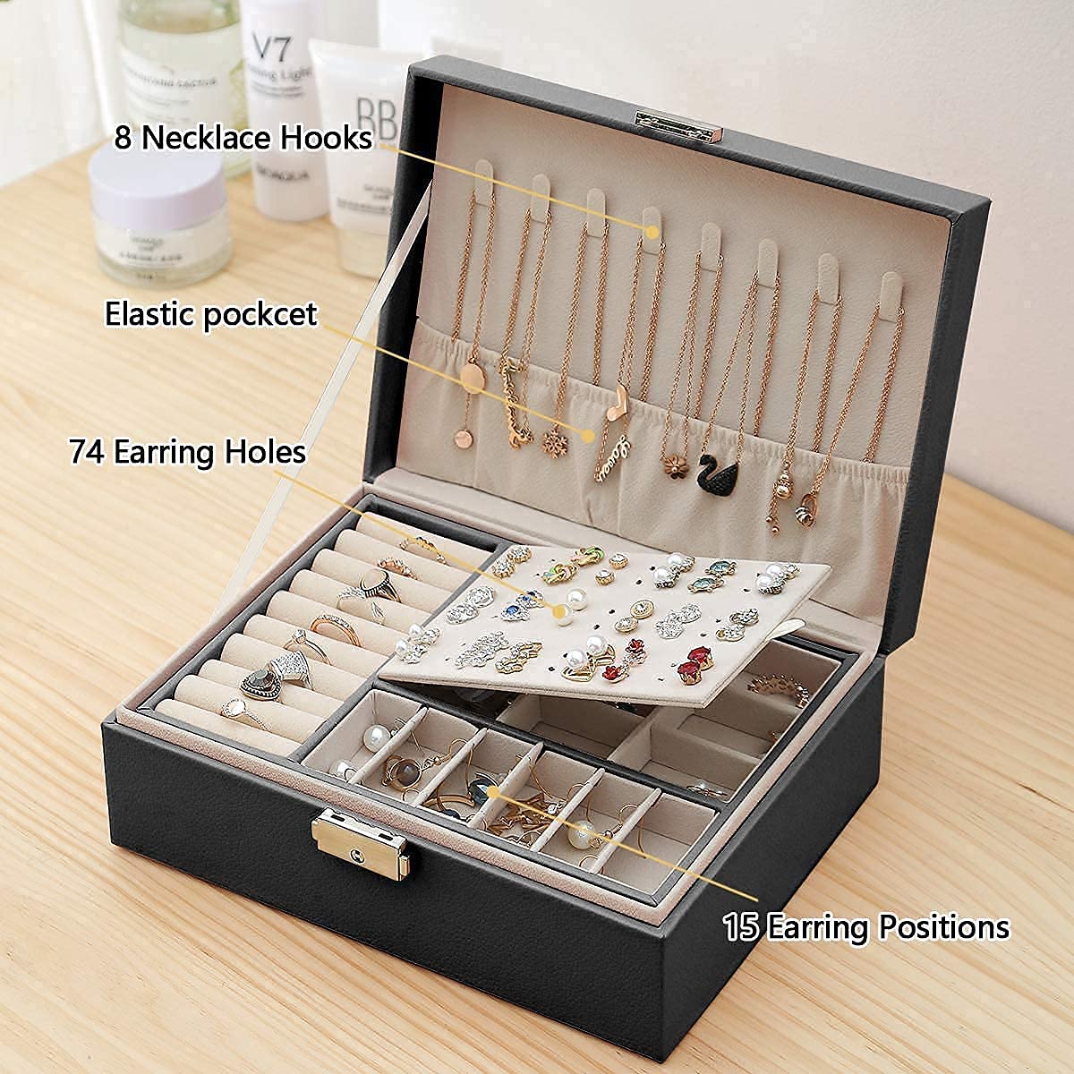 Joyero, joyero para Mujer, joyero de Piel sintética, Utilizado para Pendientes, Anillos, Pulseras, joyeros.