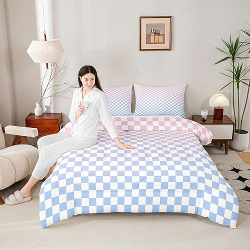 Manfei Gradient Grids Plaids Comforter Set King Size,Geometric Checkered Buffalo