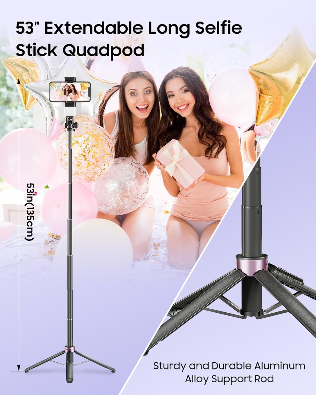 Selfie-Stick-Stativ mit Licht, verbesserter 4-Bein-Handy-Ständer, Kamerastativ mit wiederaufladbarer kabelloser Fernbedienung und 2 Fülllichtern, tragbarer Selfie-Stick, Reisezubehör für iPhone