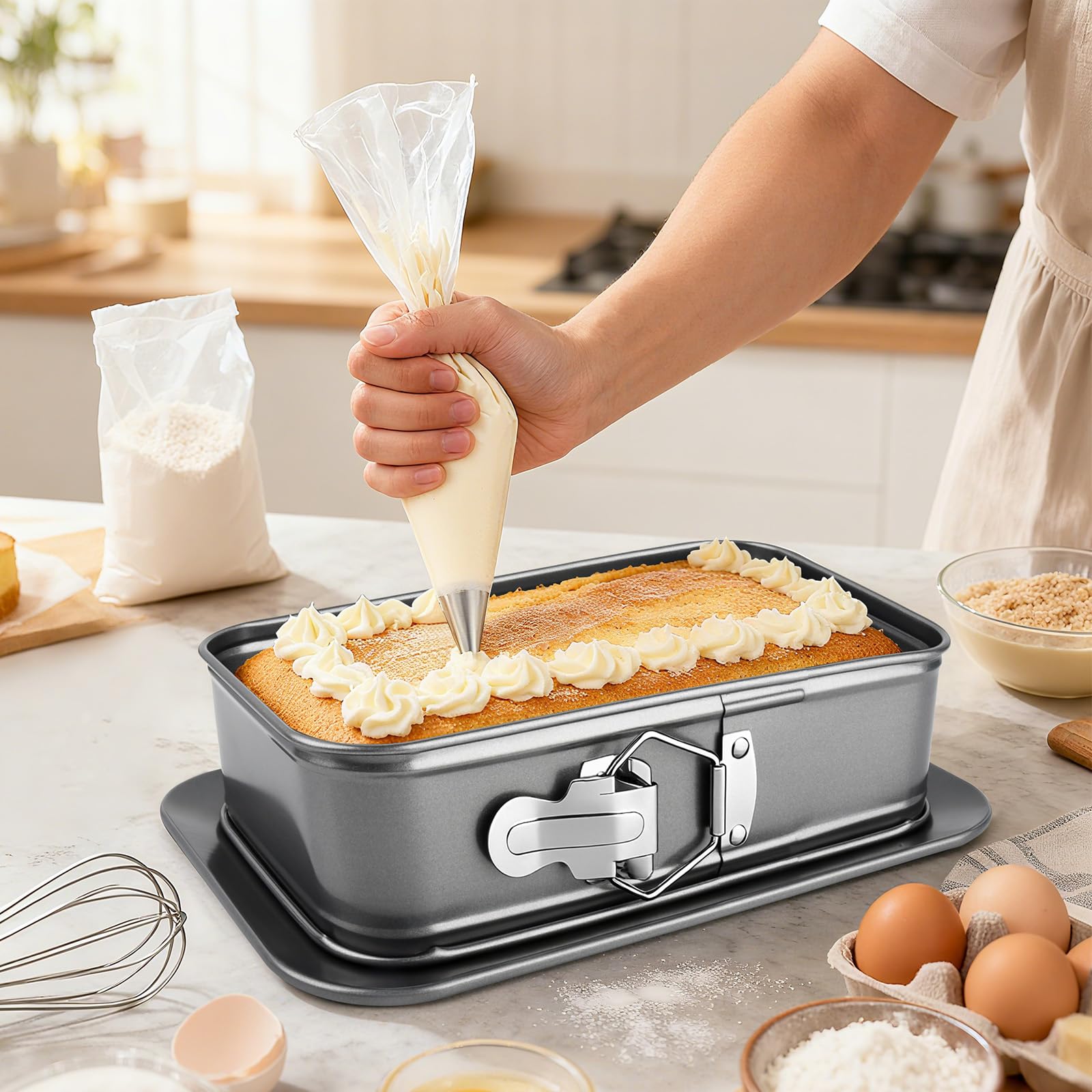 Rechteckige Springform Backform 28x18 cm mit Antihaft-Beschichtung - Inklusive 2 Backhandschuhe - Auslaufsicher und Leicht zu Reinigen - Ideal für Käsekuchen, Tiramisu und Heimbacken