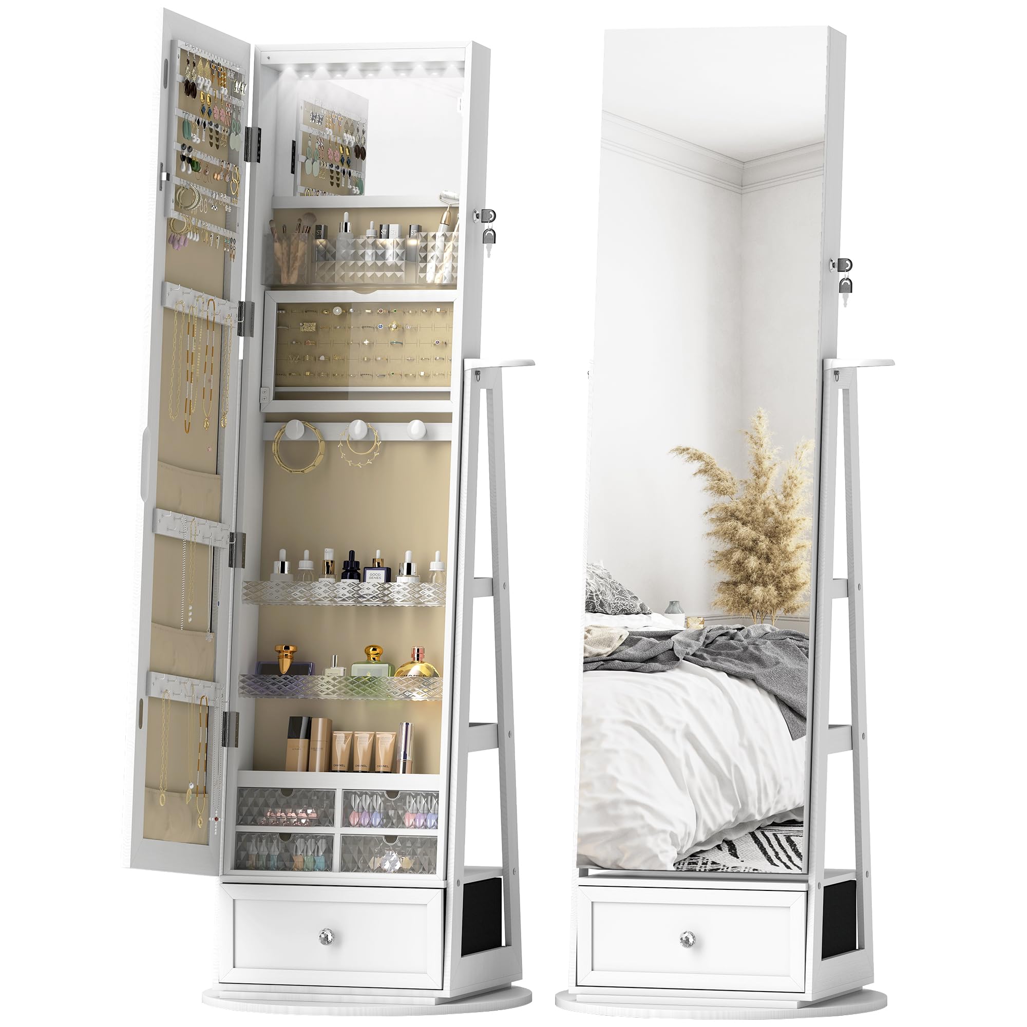 HOMCOM Armario Joyero de Pie con Luces LED, Espejo Cuero Entero, Soporte para Secador, Giratorio 360°, Cajón, Cerradura, Blanco y Beige