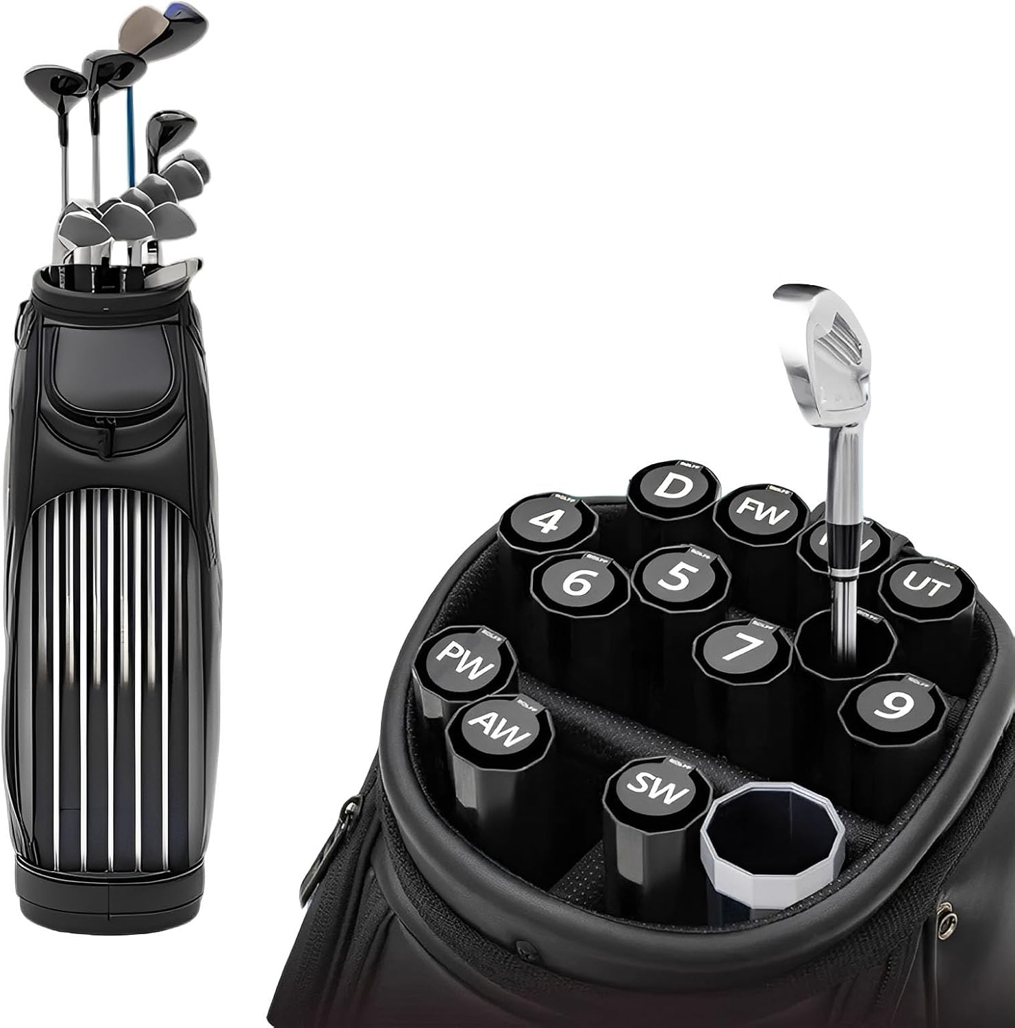 Golf Club Organizer Tubes for Bag, 14 Individual Club Protectors with Cushioning, 85 cm Full-Length Golf Bag Divider System to Stop Clubs from Rattling and Tangling