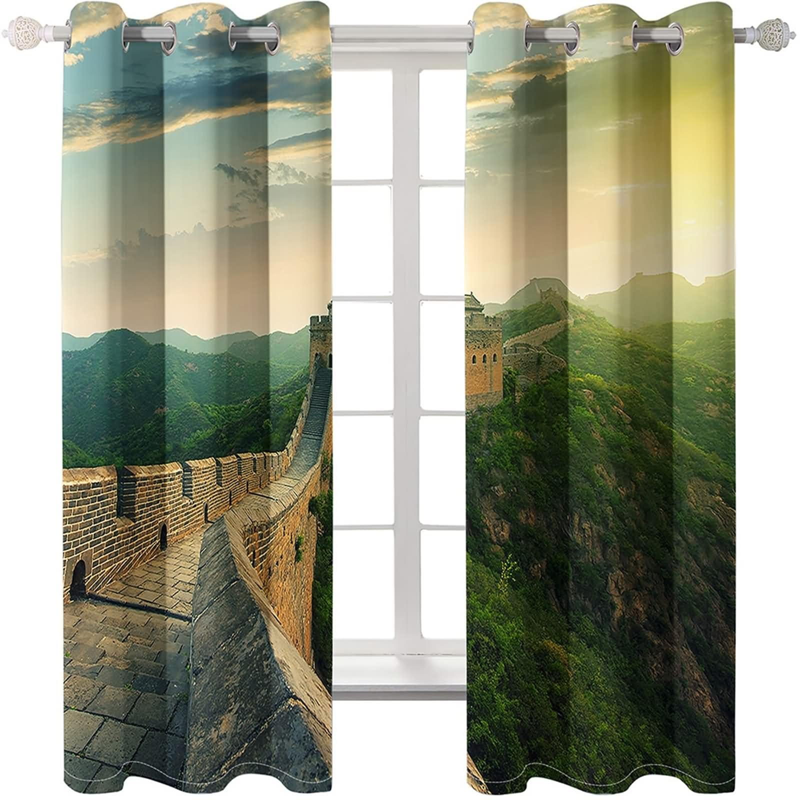 Zasłona okienna Sypialnia, Brązowe Zielone Zasłony zaciemniające Duży Mur Krajobraz Poliester 2 panele 264x214cm