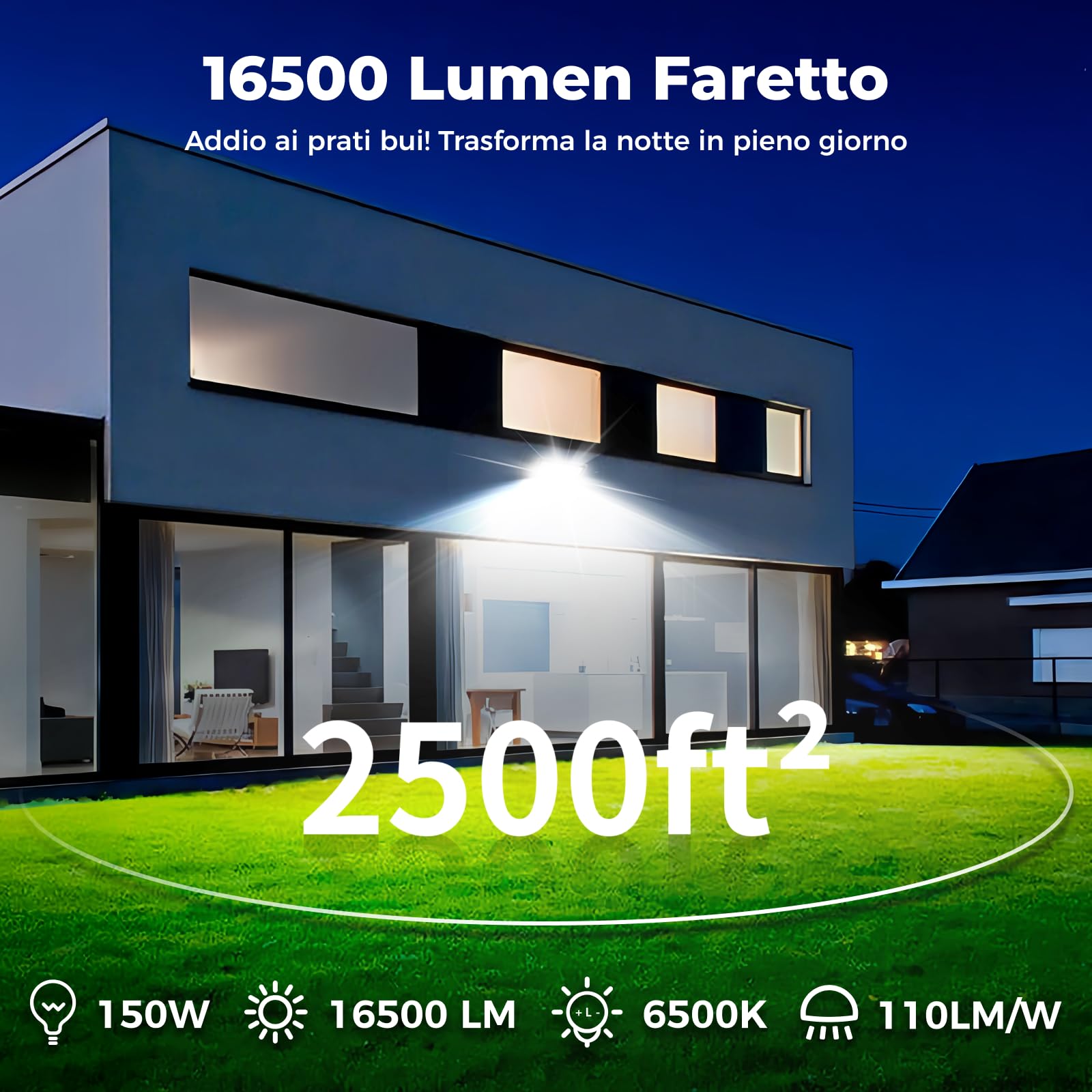 Faretto LED da esterno 150W Industriale 16500LM 6500K Luce Giorno IP66 Impermeabile, Dissipazione Termica Efficiente, Risparmio 85% Faretti LED Esterno per Corti/Magazzini/Garage (2pcs)