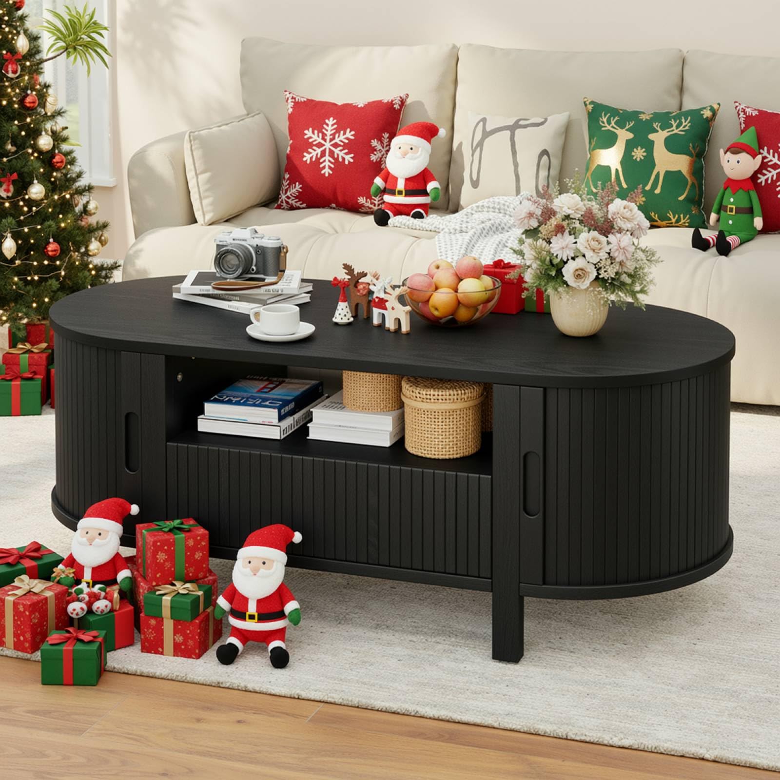 47 Inch Oval Coffee Table, Fluted Coffee Tables with Storage, Mid-Century Modern Living Room Tables, Center Table with Sliding Door and Wood Handle