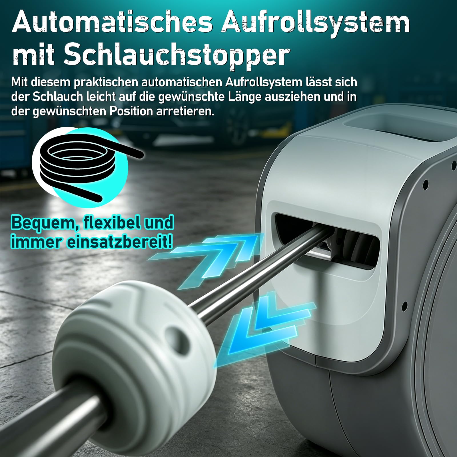 Druckluftschlauch, 30m Kompressor Schlauchtrommel Automatik Druckluftschlauchtrommel Aufroller, Schnellkupplung 1/4'', Wandhalterung Druckluftschlauch-trommel für Kompressor Werkstatt, Grau
