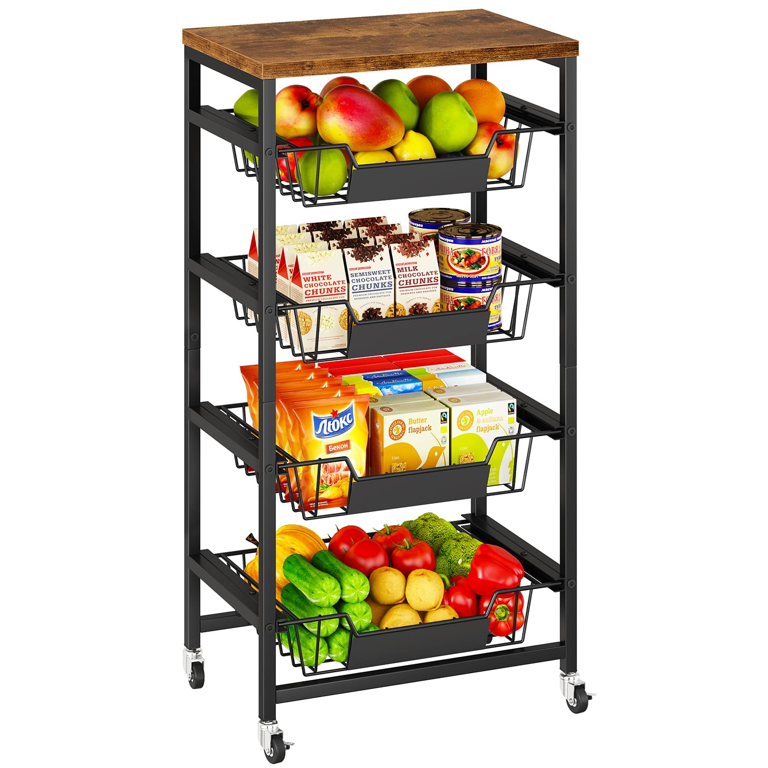 IBUYKE Kitchen Fruit Vegetable Storage Cart with Drawers,Metal Rolling Utility Cart with Fruit Basket and Wooden Top,Rolling Snack Kitchen Cart for Bedroom,Pantry,Office,Rustic Brown TLJ026H