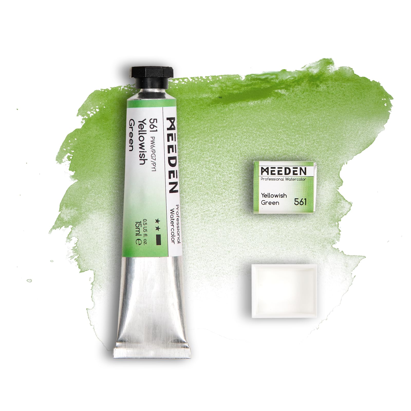 MEEDEN Künstler Aquarellfarbe: Gelbgrün - 15ml Tube, halbfeuchte Farb-Napfhälfte und leere Napfhälfte Set für Künstler und Profis