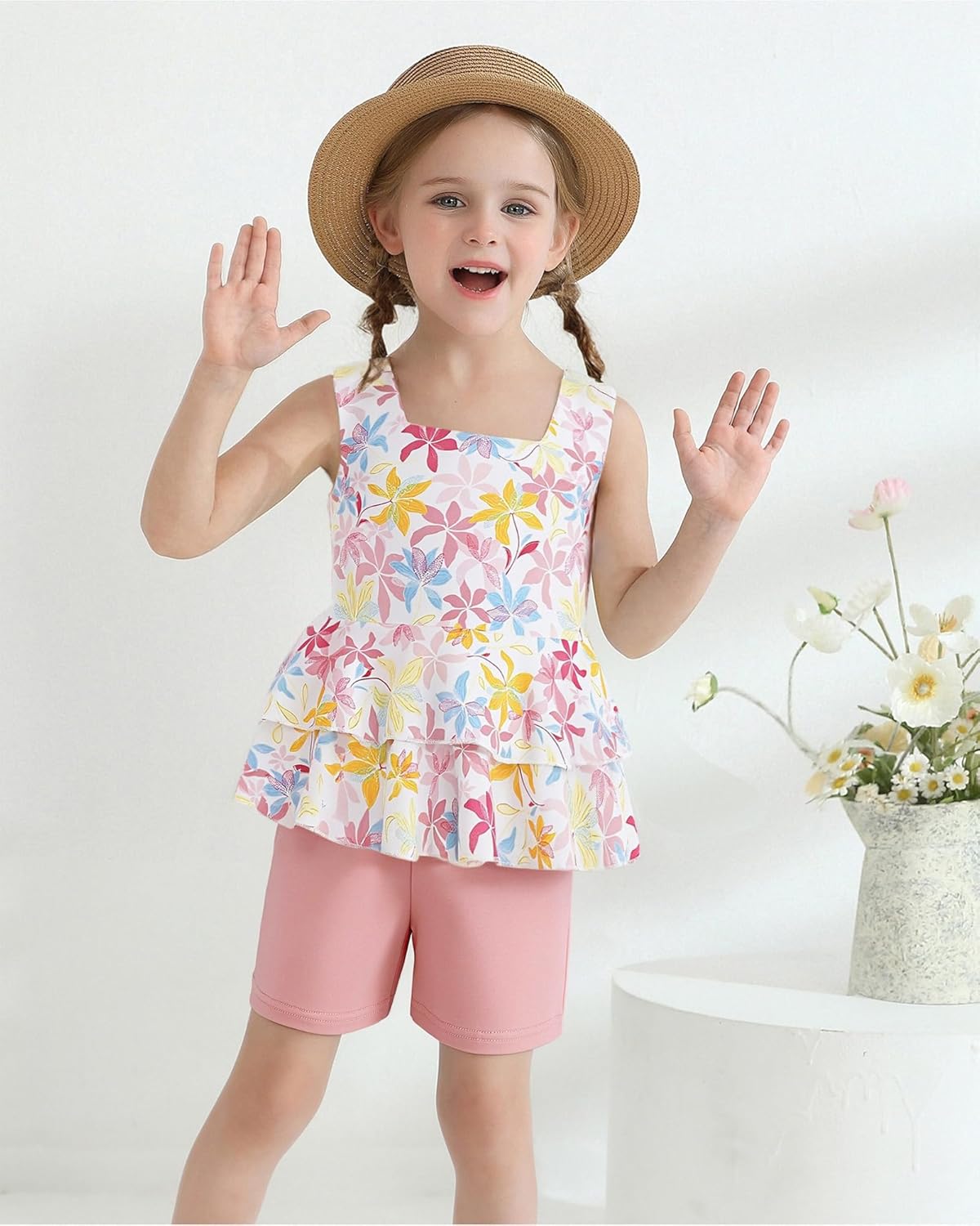 Toddler Girl Clothes Summer Outfits, Sleeveless Ruffle Hem Tank Top + Shorts 2Pcs Cute Baby Girls Clothing Set 1-5T - Image 2