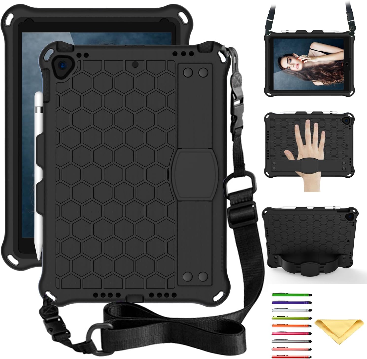 Case for iPad 9th/8th/7th Gen 10.2 inch & iPad Air 3 10.5" (Air 3rd Gen) & iPad Pro 10.5 2017 with Pencil Holder/Kickstand/Hand Strap/Shoulder Strap Shockproof Rugged Stand Cover, Black