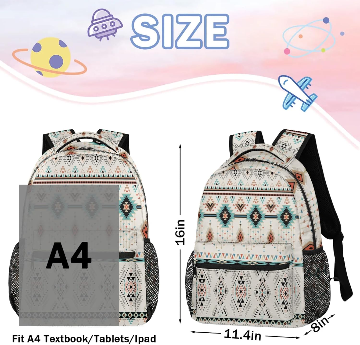 School Backpack for Boys Girls- Large Waterproof Travel Daypack Laptop Backpack Schoolbag with Adjustable Padded Straps(Aztec) - Image 3
