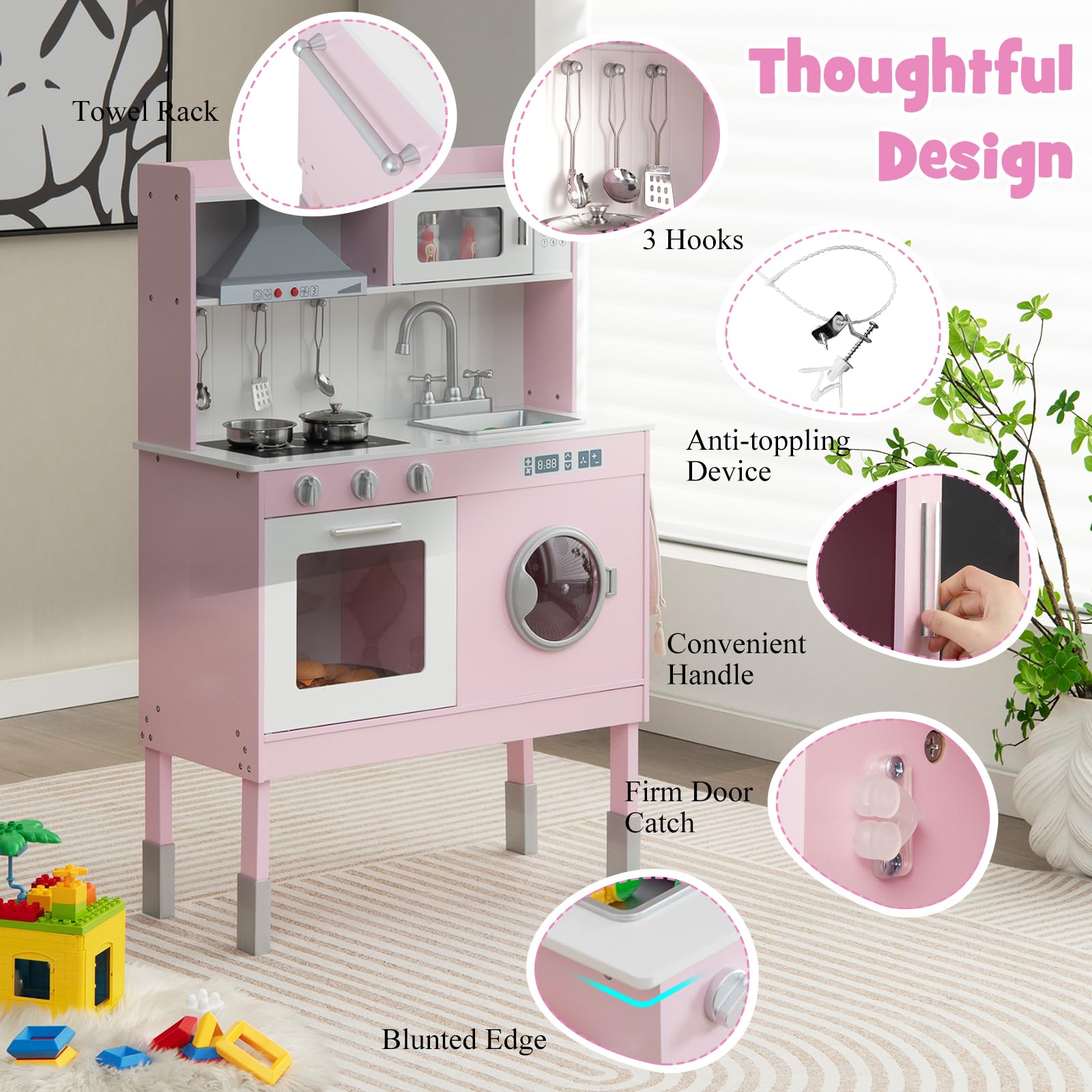 HOMASIS Cucina Giocattolo con Altezza Regolabile, Cucinetta per Bambini con Cappa Aspirante e Forno a Microonde, Cucin con Suoni e Luci in Legno per Bambini dai 3+ Anni (Modello 1, Rosa)