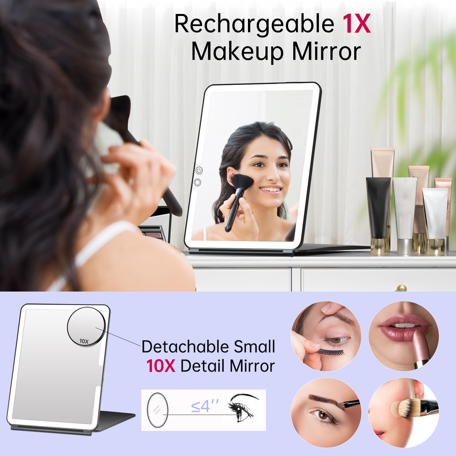 FUNTOUCH Miroir cosmétique rechargeable avec éclairage, miroir de voyage avec grossissement 1X/20X, éclairage 3 couleurs, écran tactile à intensité variable, miroir de maquillage portable pliable