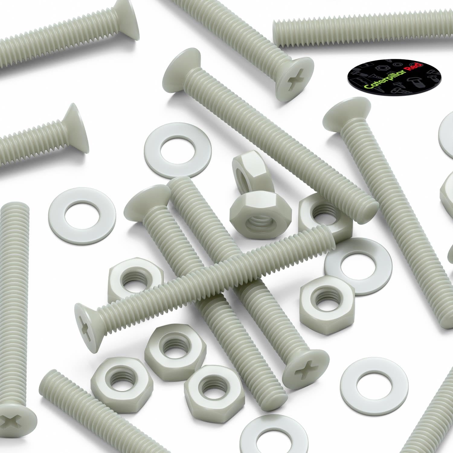 50 x Glass Filled Reinforced Super Nylon Countersunk Machine Screws, M4 x 30mm, Plastic Nuts and Bolts, Washers, (5/32 x 1 3/16 in)
