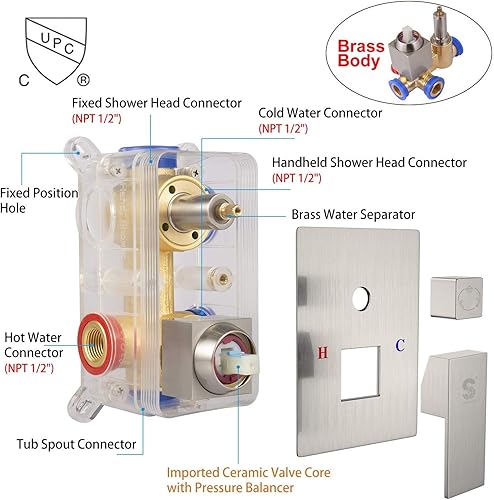 Miniatura 3 de SR SUN RISE Juego de grifo de bañera de metal de 12 pulgadas, sistema de ducha con boquilla de bañera, cabezal de ducha de lluvia cuadrado y