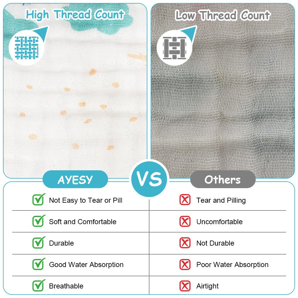 AYESY Mussola Neonato, 6 Pezzi 30 * 30cm in Mussola morbidi, assorbente e traspirante Panni Burp,100% Cotone Baby Burp Panni per Ragazzi e Ragazze, Tessuto a 6 strati Mussole Neonato Cotone