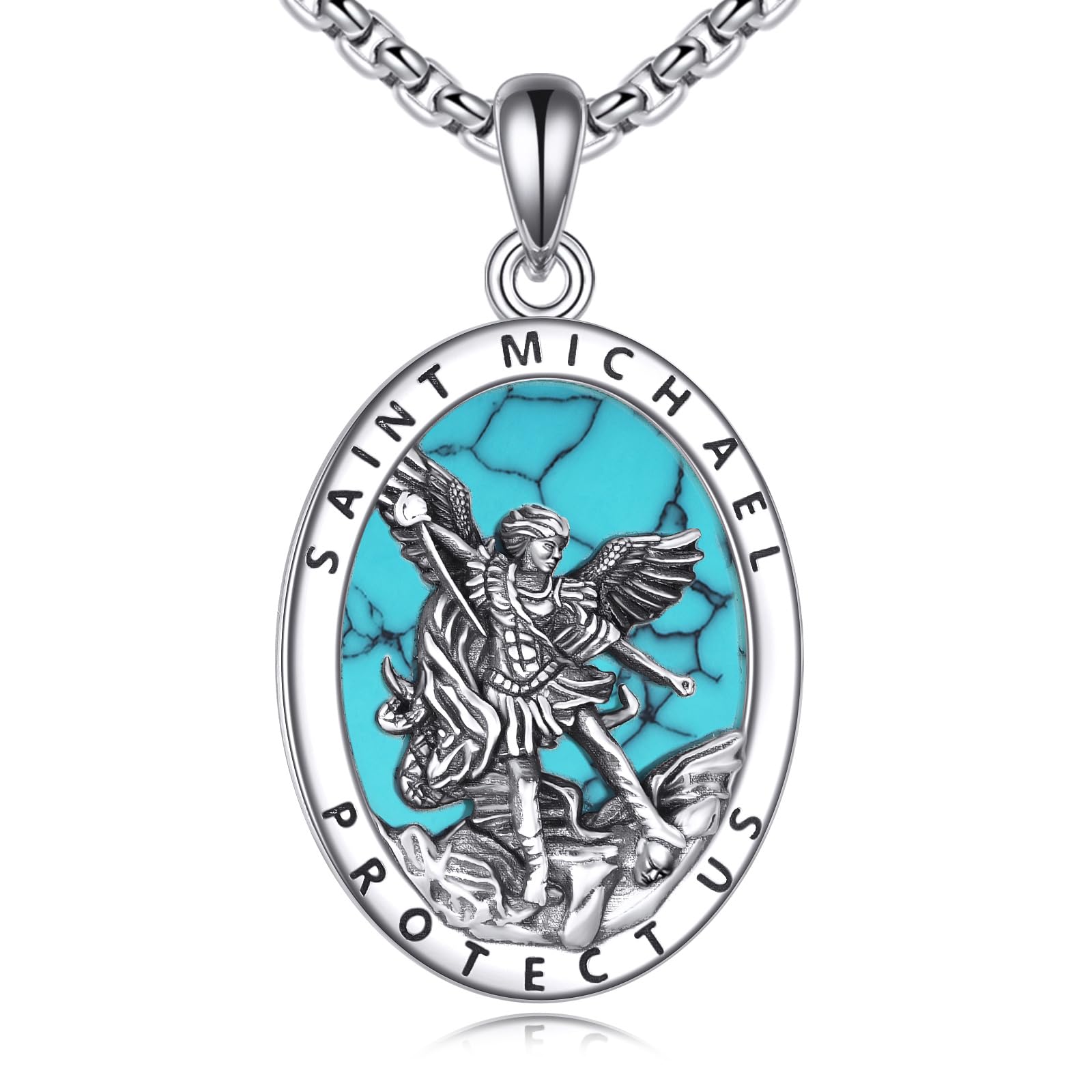Sankt Michael Halskette 925 Sterling Silber Schutzpatron Halskette Sankt Michael Medaille Erzengel Michael Anhänger Türkis Amulett Schmuck für Männer Frauen