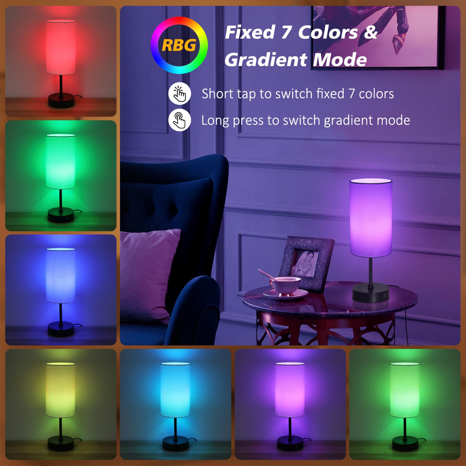 Befurglor Bedside Lamps, Dimmable 3 CCT & RGB 7 Colors Table Lamp with USB A+C Charging Ports - Image 4