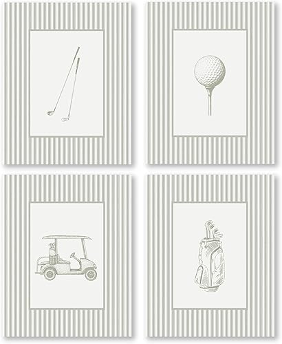 Pleonox Juego de 4 impresiones artísticas de pared a rayas grises de 8 x 10 pulgadas, juego de 4, decoración de guardería deportiva, carrito de golf
