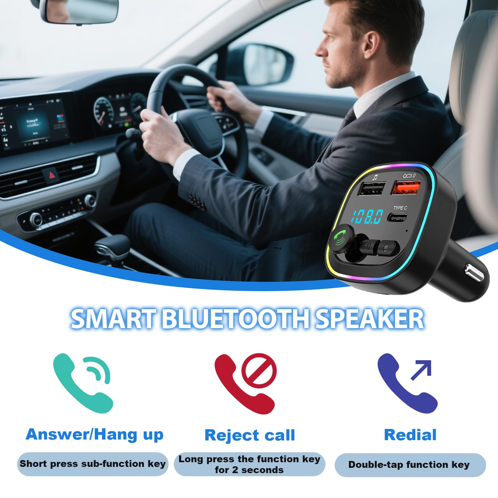 Transmetteur FM Bluetooth, Transmetteur Adaptateur Bluetooth Pour Voiture Kit Mp3 Sans Fil A Charge Rapide Qc3 0 2 Ports Usb Et 1 Port Type C 97075138