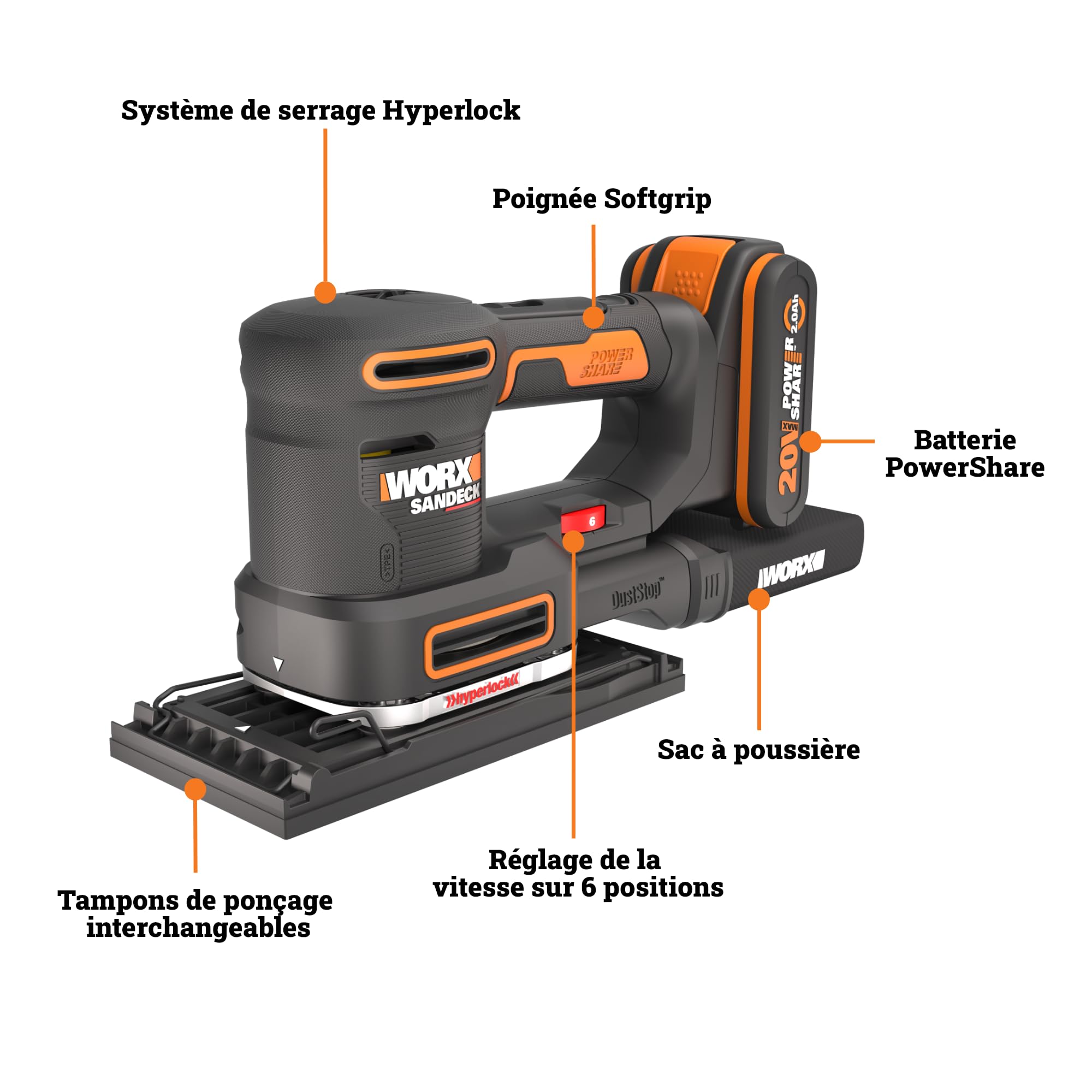 WORX Ponceuse multifonction sans fil 20V WX820 | Outil 5-en-1 avec têtes interchangeables, système HyperLock et microfiltre DustStop