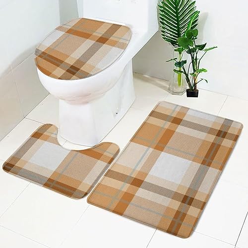 Miniatura 5 de Juego de 3 alfombras de baño de color amarillo dorado, juego de tapetes de baño con rayas blancas doradas, antideslizantes, superabsorbentes, de