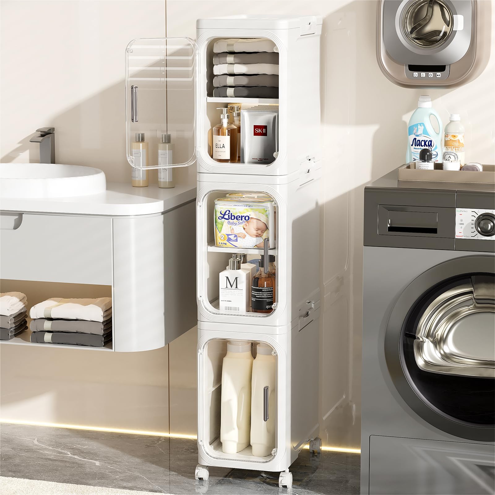 JOYZAN Narrow Bathroom Storage Cabinet with Movable Wheels, Slim Storage Cabinet with 3 Doors & Removable Panel, Skinny Bathroom Organizers and