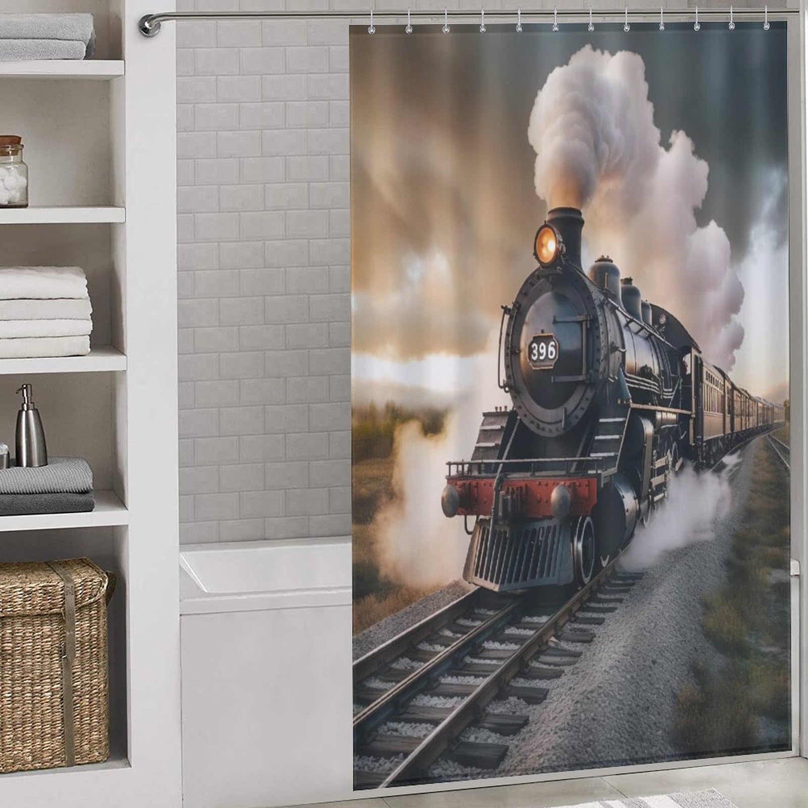 Rideau de douche train à vapeur anti-éclaboussures en tissu polyester lavable 140x183 cm