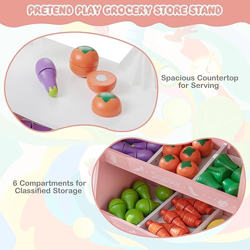 Miniatura 6 de HONEY JOY Juego de tienda de comestibles para niños, soporte de madera para frutas con 36 accesorios para cortar alimentos y verduras, tienda de