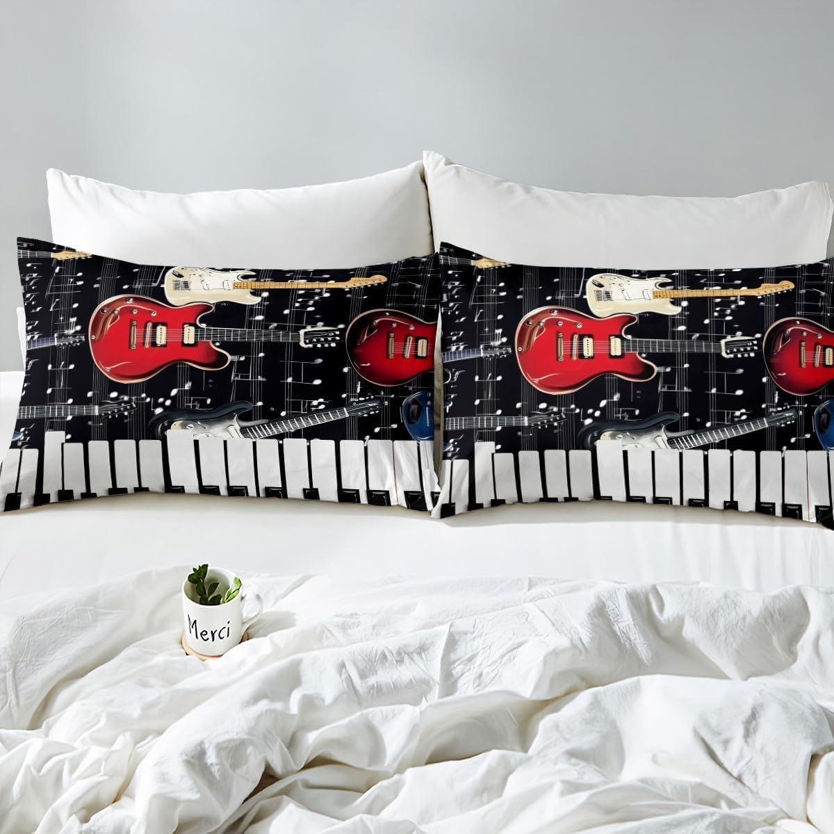 K-915 Pościel z motywem muzycznej rocka, 200 x 200 cm, przyciski fortepianowe, nadruk 3D, zestaw pościeli z zamkiem błyskawicznym i 2 poszewkami na poduszkę 80 x 80 cm, miękka pościel z mikrofibry, na