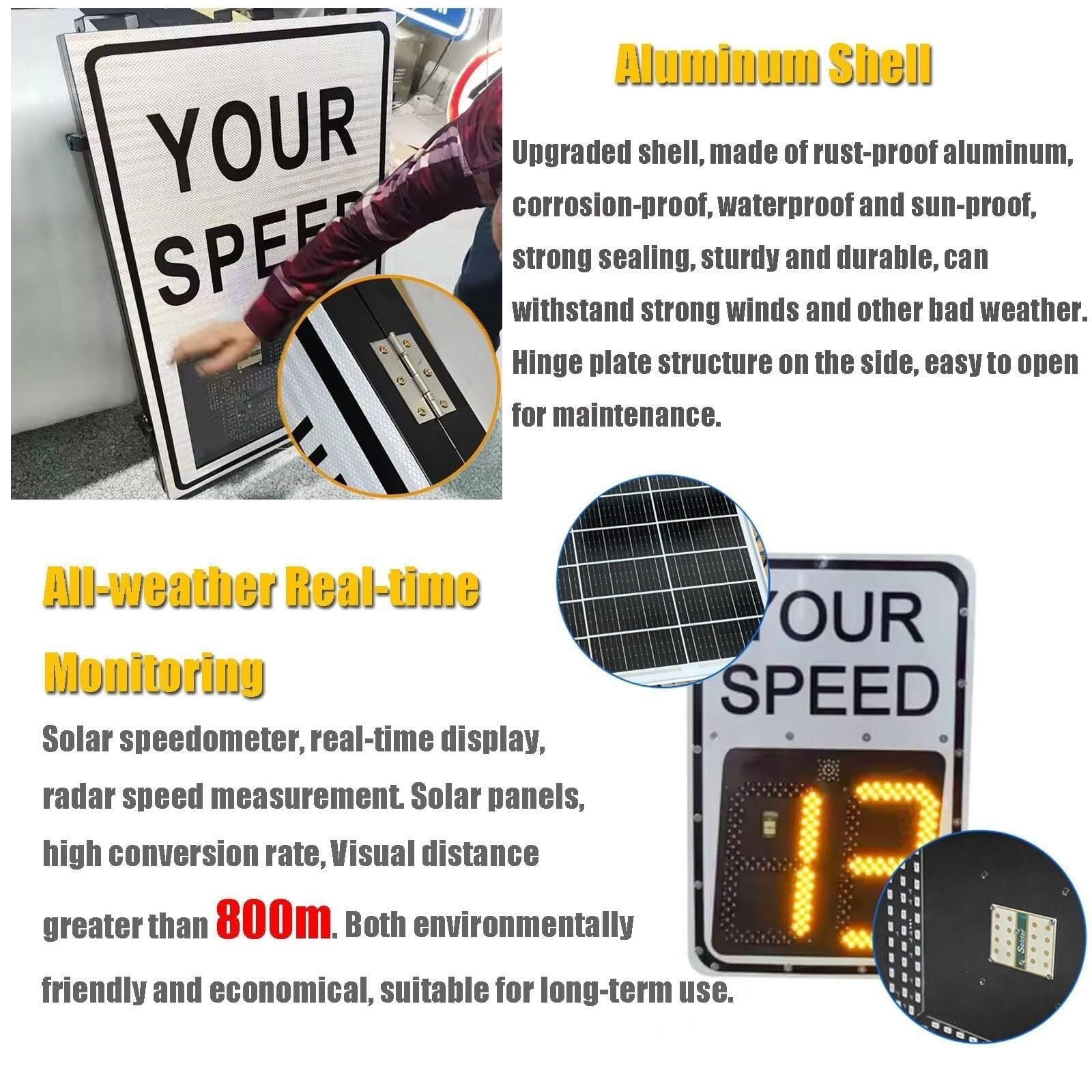 Señal de límite de Velocidad con Radar Solar, Gran Pantalla LED Reflectante de Aluminio for advertencias metálicas en Calles y Carreteras.(50 * 70cm)