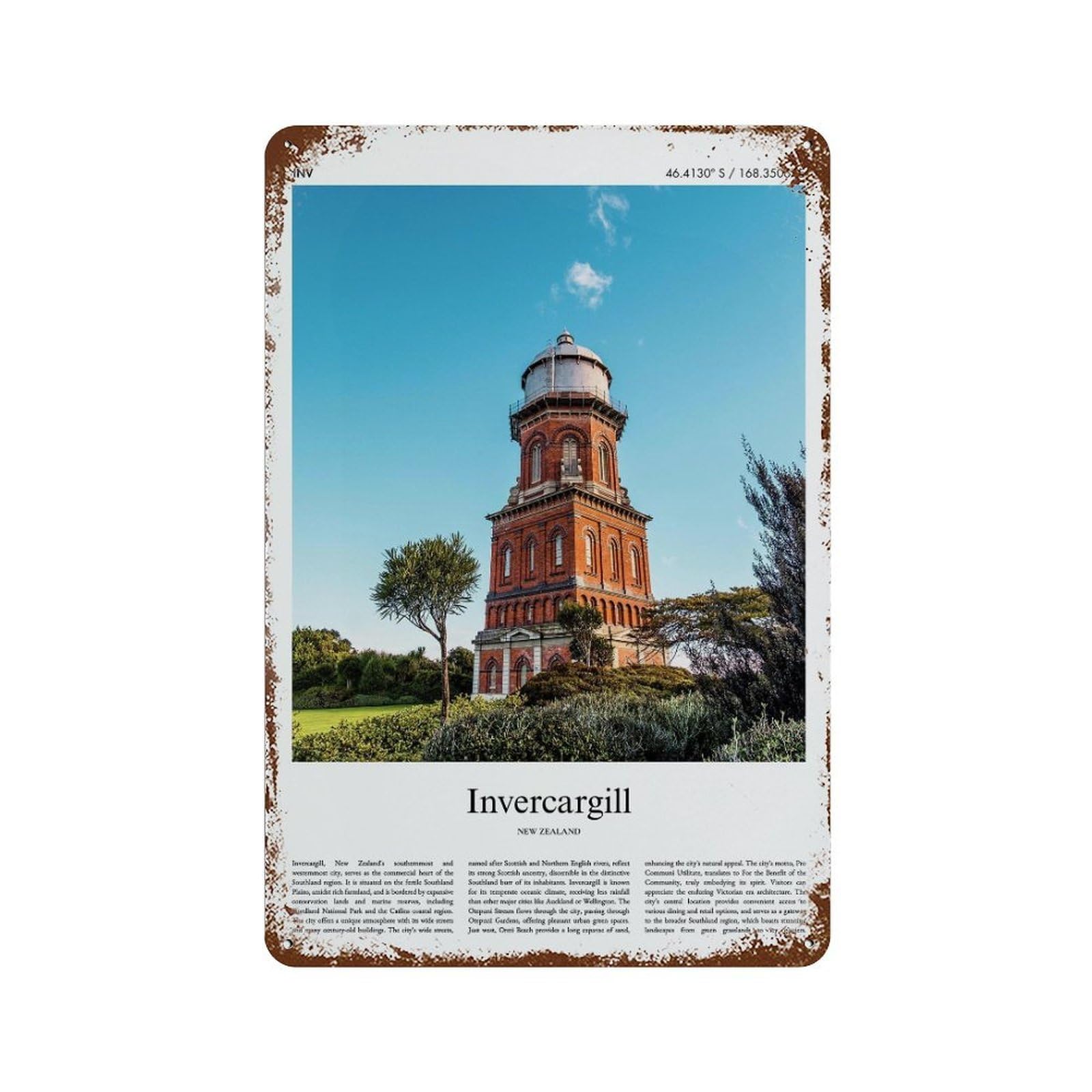 xiaoxiaoshen Invercargill New Zealand City Scenery Wall Decor Art Metal Tin Poster Modern Home Decor Art Home Bar Shop Decorations Vintage Sign 30x20cm