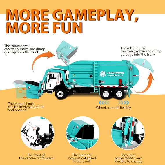 FUBARBAR Truck Toy Model 1:43 Diecast Metal Garbage Recycling Waste Transport Truck with Trash Bin, Pull Back Model Car Toy for Kids 4-6 Age Boys Birthday Gift (Blue)