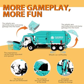 FUBARBAR Truck Toy Model 1:43 Diecast Metal Garbage Recycling Waste Transport Truck with Trash Bin, Pull Back Model Car Toy for Kids 4-6 Age Boys Birthday Gift (Blue)