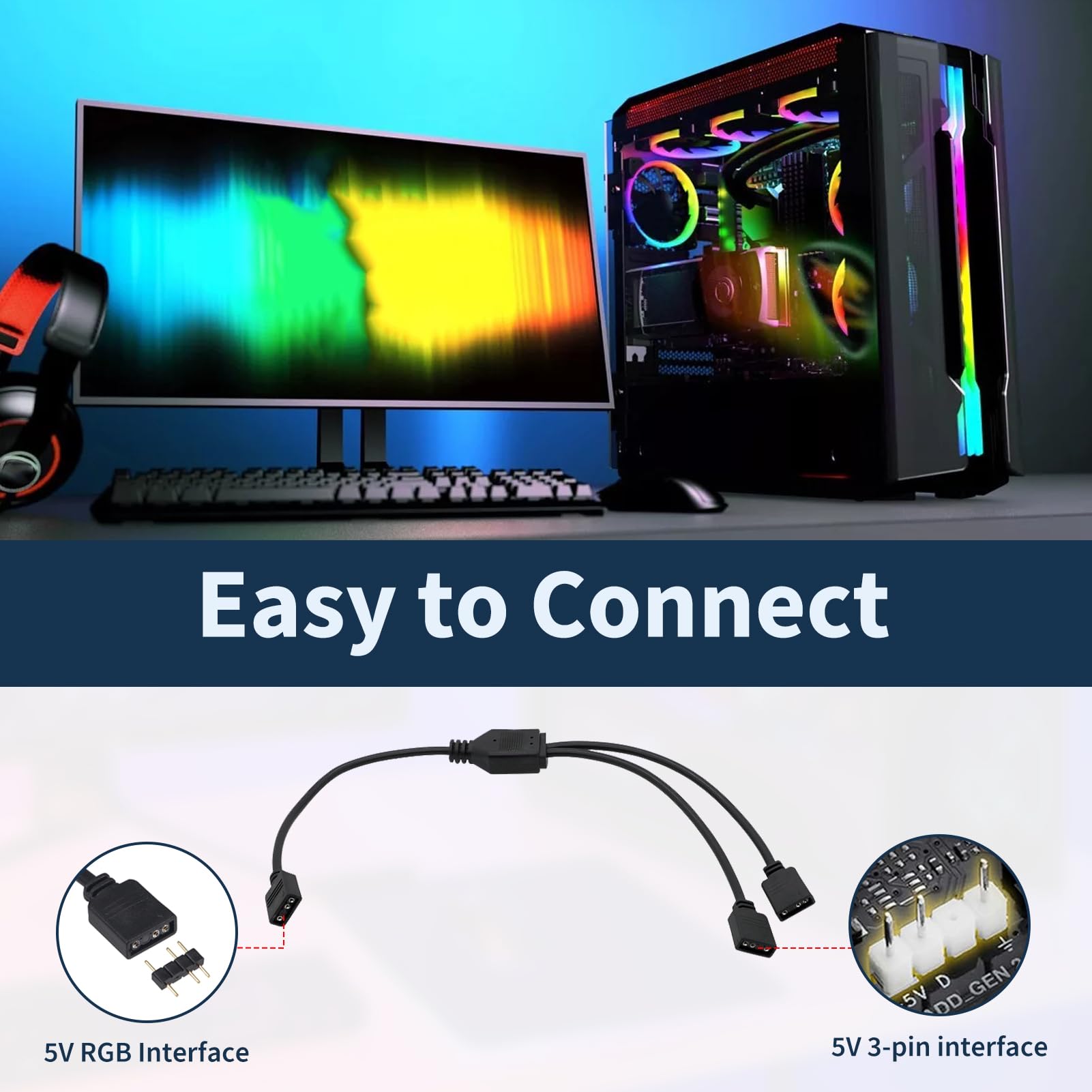 2 Pièces Câble Répartiteur ARGB 1 vers 2, Splitter ARGB 1 à 2, Synchronisation LED ARGB pour Ventilateurs PC et Châssis d'Ordinateur, Connecteur 3 Broches 5V, Compatible avec ASUS MSI ASRock Hubs ARGB