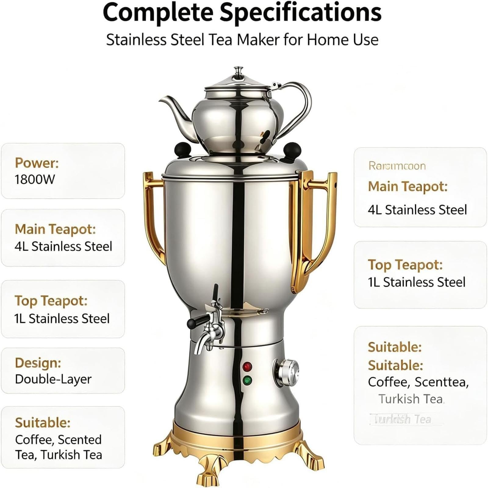 Samovar Elettrico 1800W, Macchina for Turco 4 Litri, Acciaio Inossidabile