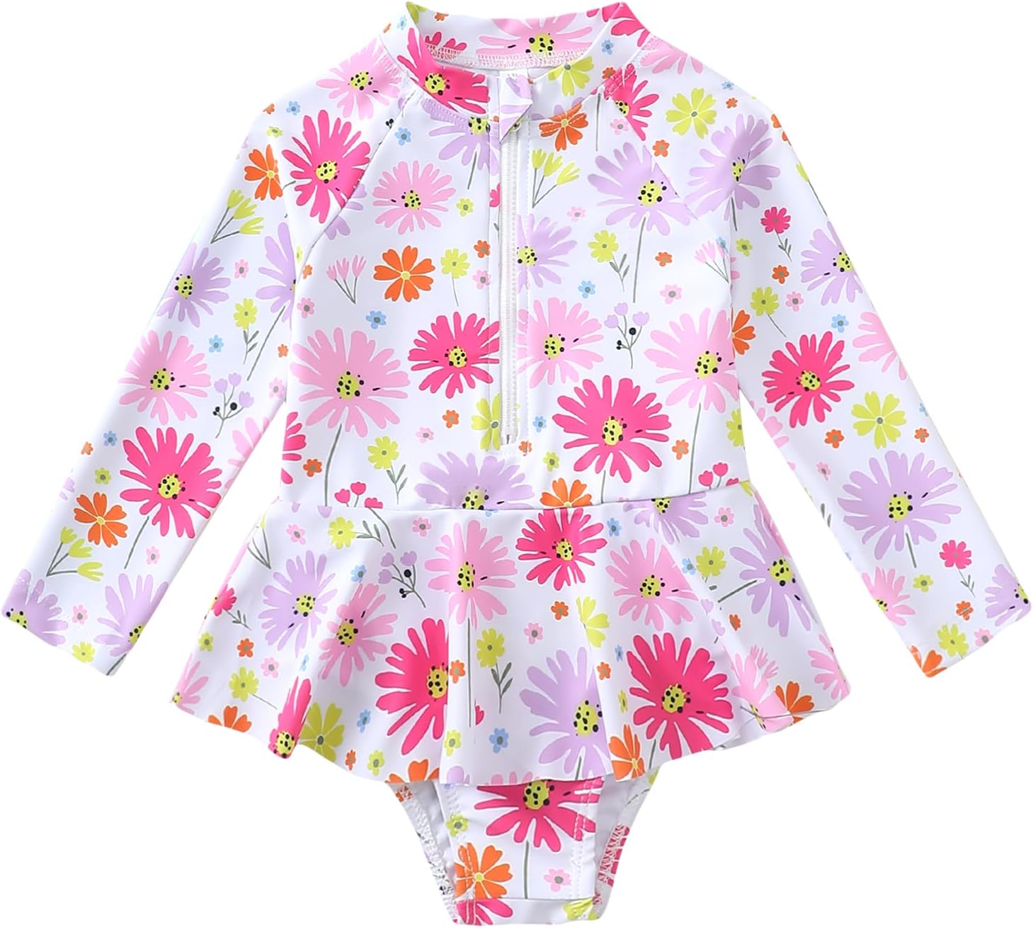 Mioglrie Toddler Girls Swimsuit One Piece Long Sleeve Ruffle Zipper Rash Guard Bathing Suit Swimwear Summer 2-6 Years