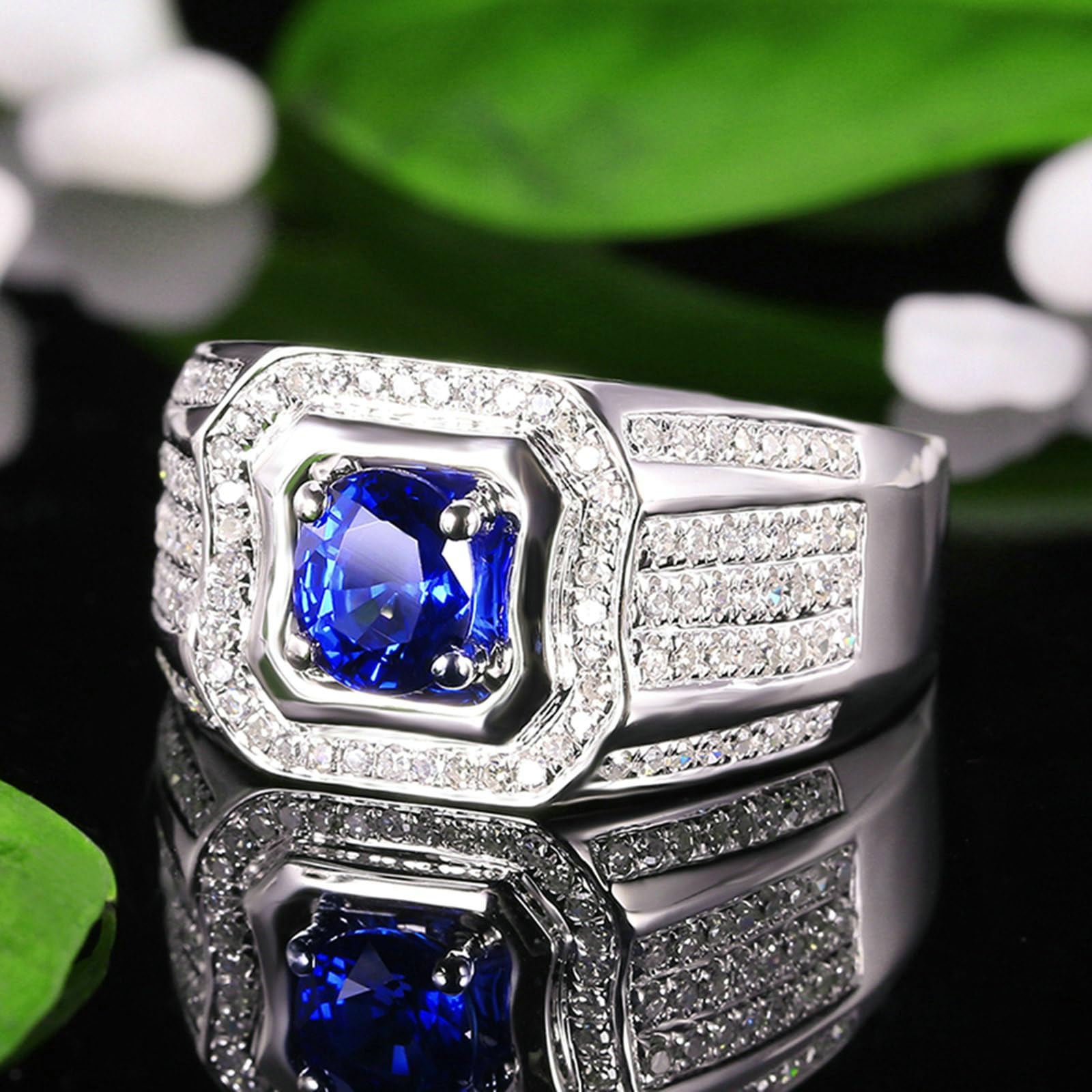 Anelli Fidanzamento Uomo Oro Bianco 9K, Anello di Matrimonio Uomo Largo Lusso Zaffiro Sintetico Rotondo da 1ct e Moissanite da 0.59ct Anelli per Fidanzato, Sposo Oro Bianco